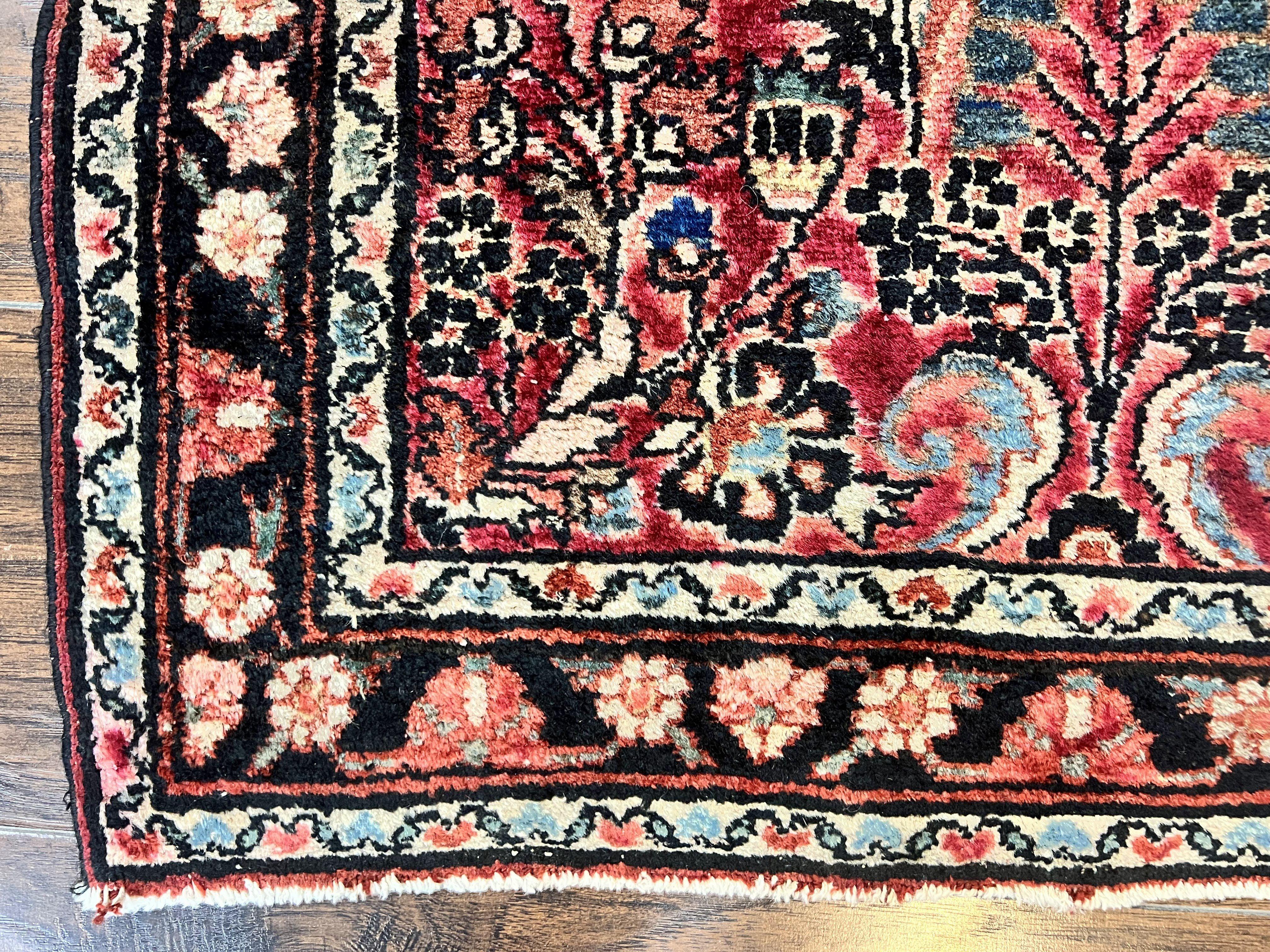 Small Antique Persian Rug 2.6 x 4, Red Floral Handmade 1920s Wool Rug, Persian Hamadan Lilian Rug - Jewel Rugs