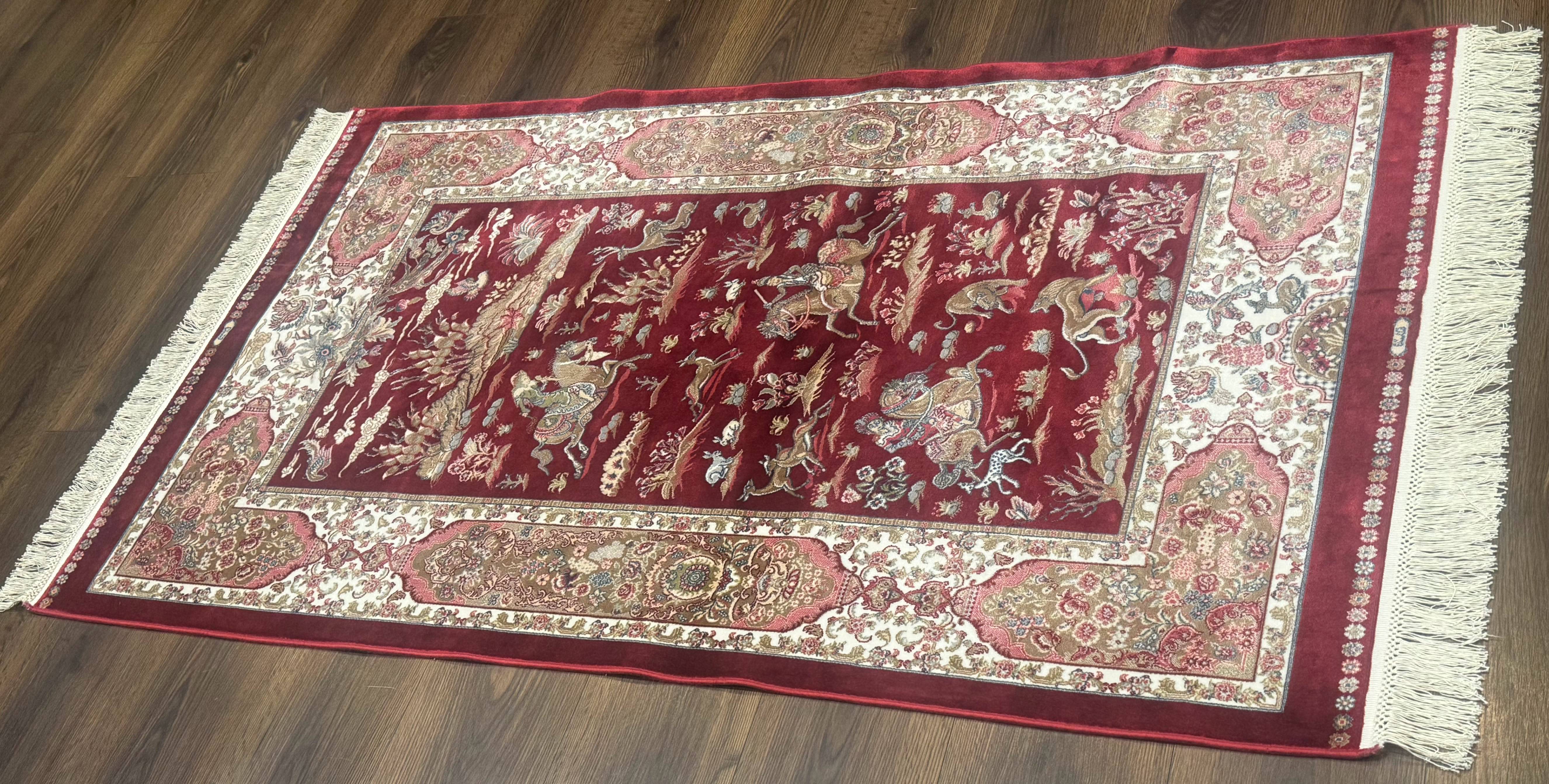 Turkish Silk Rug 3x5, Hunting Design, Dark Red & Ivory, Bamboo Silk, New - Jewel Rugs
