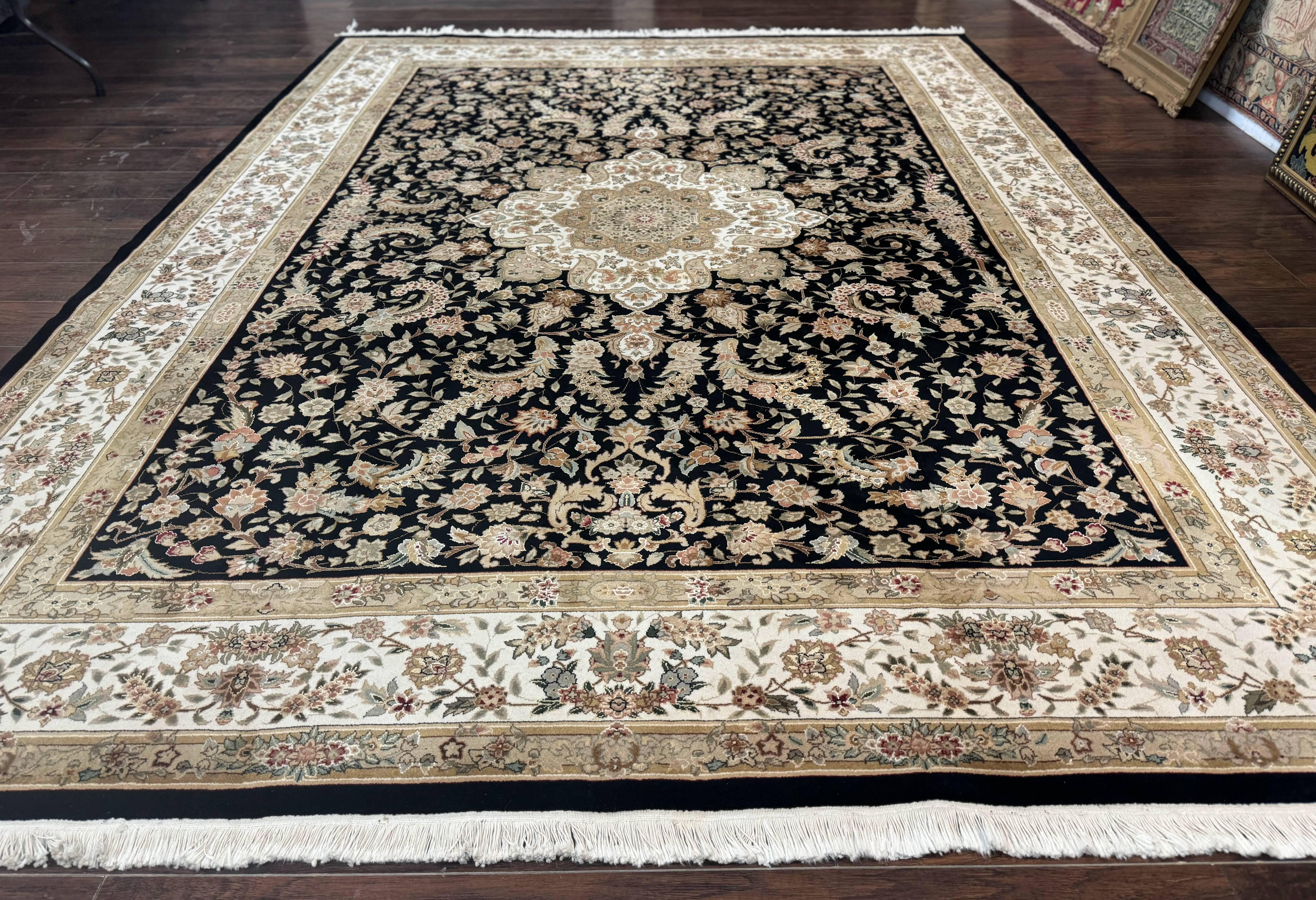 Sino Persian Rug 9x12, Floral Medallion, Black and Ivory, Elegant - Jewel Rugs