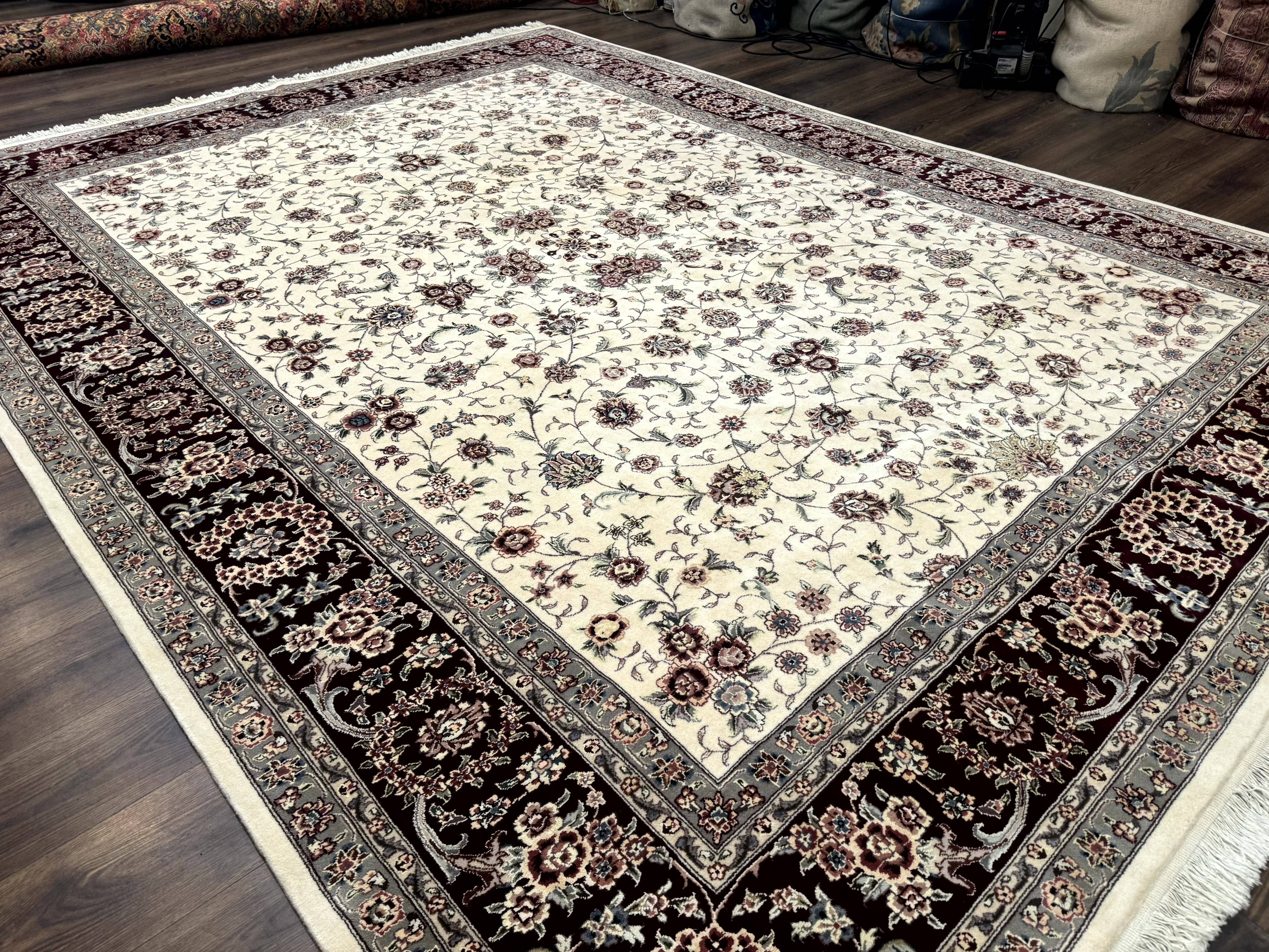 Sino Persian Rug 9x12, Floral Allover Design, 170 KPSI, Ivory and Dark Maroon - Jewel Rugs