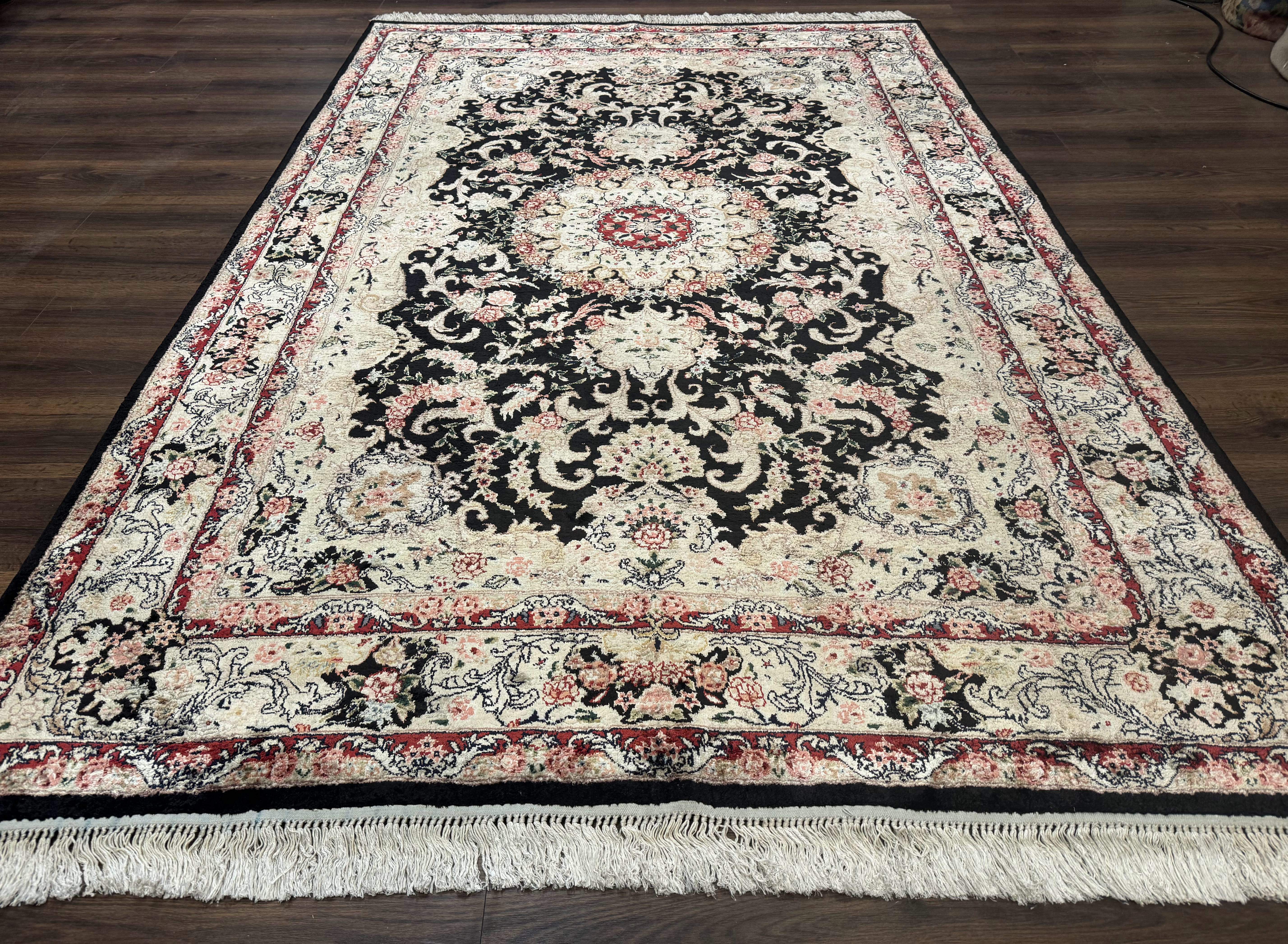 Indian Kashmiri Silk Rug, Floral Medallion, Vintage Hand Knotted Carpet - Jewel Rugs