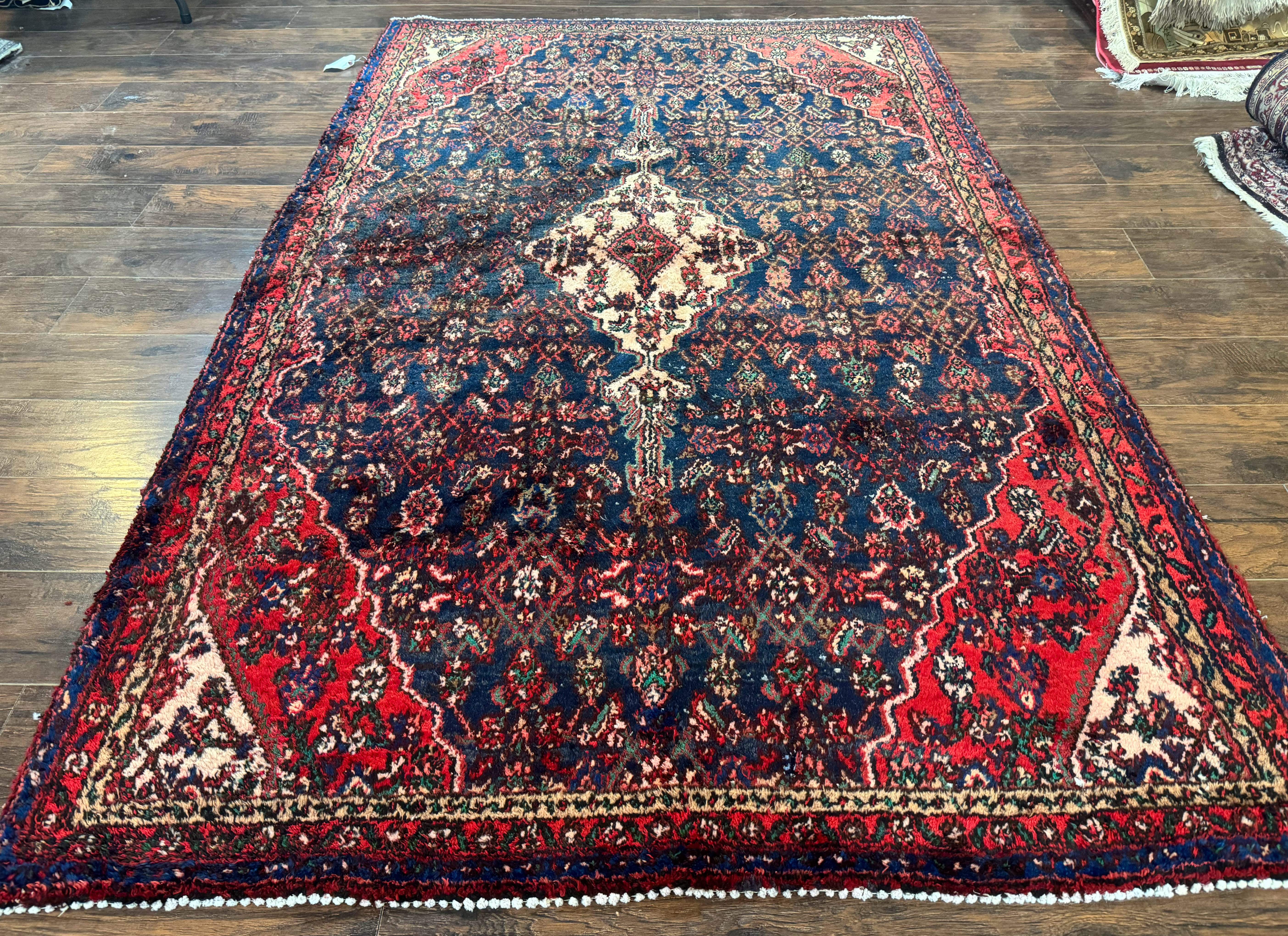 Antique Persian Hamadan Rug 6x9 – Blue and Red, Hand-Knotted Wool Carpet - Jewel Rugs