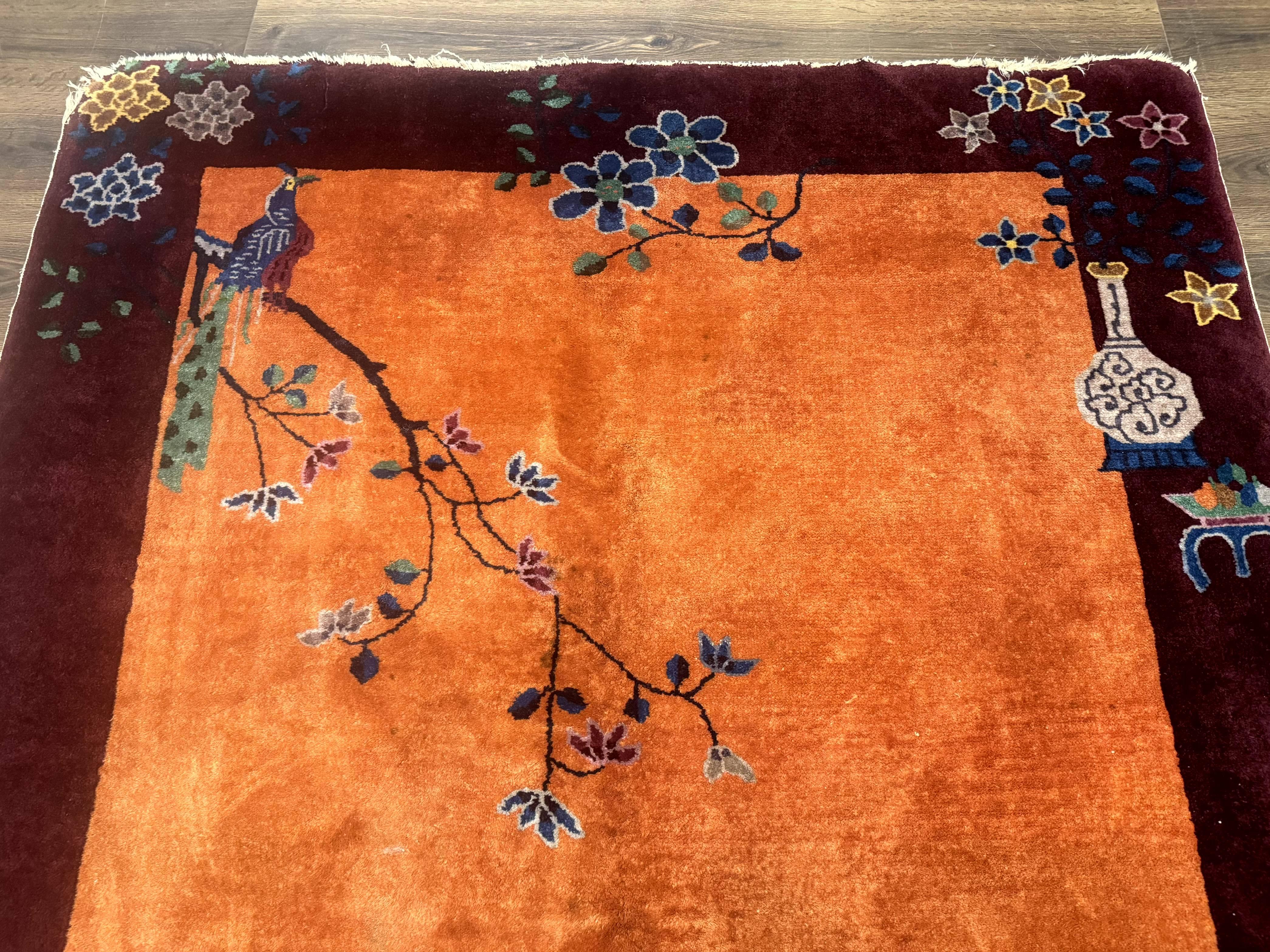Chinese Art Deco Rug 5x8, Antique Chinese Wool Rug, Nichols Rug, Rare Chinese Carpet, Orange and Purple-Maroon - Jewel Rugs