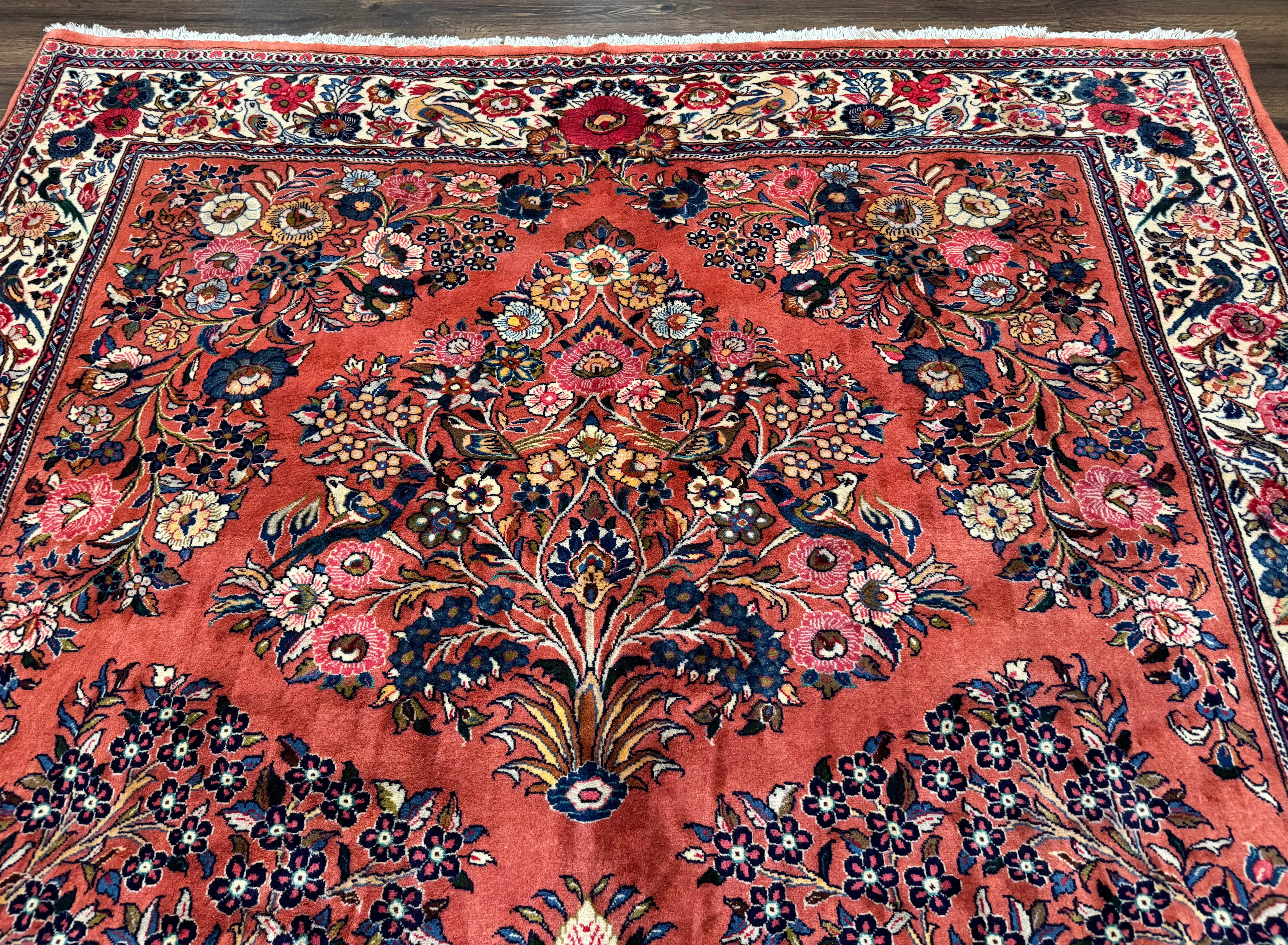 Persian Sarouk Rug 7x10, Red and Ivory, Floral Bouquets, Birds - Jewel Rugs