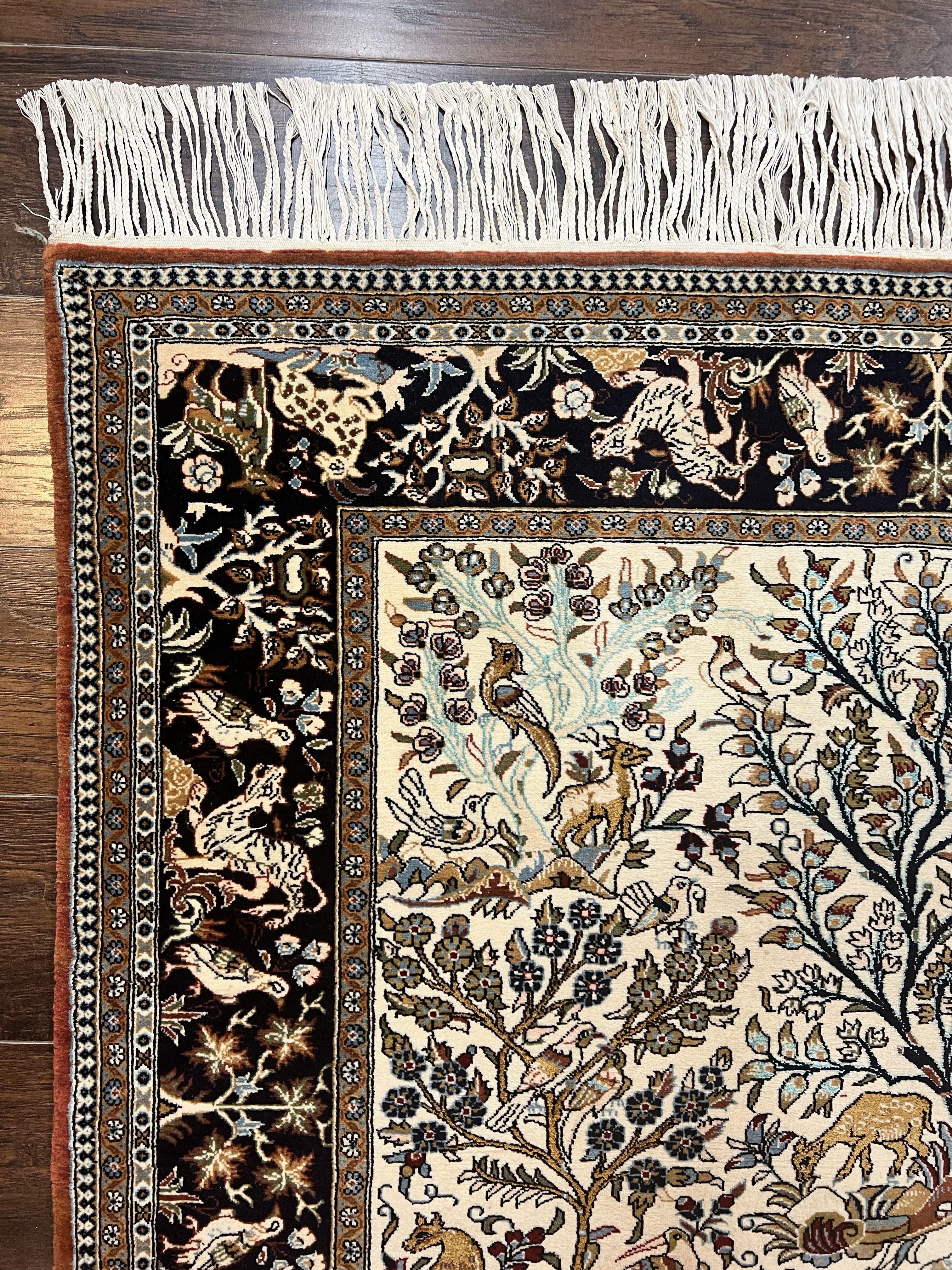 Persian Qum Tree of Life Rug 5x7, Wool and Silk Highlights, Animal Motifs, Vintage Hand Knotted Handmade Cream & Black Fine Oriental Carpet - Jewel Rugs