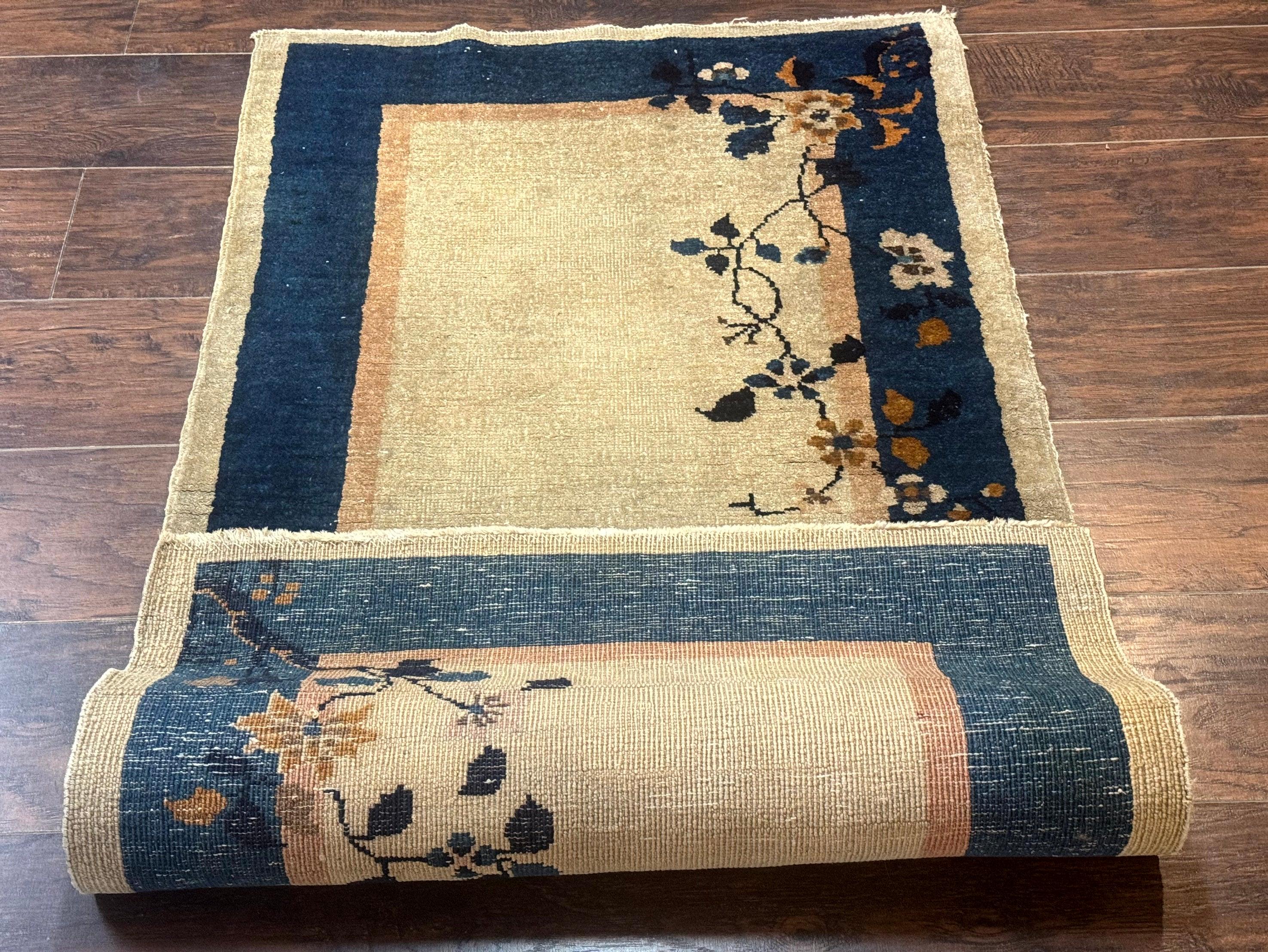 Antique Chinese Wool Rug 2.7 x 5, Simple Design, Peking Carpet, 1920s Rug, Beige and Blue, Floral - Jewel Rugs