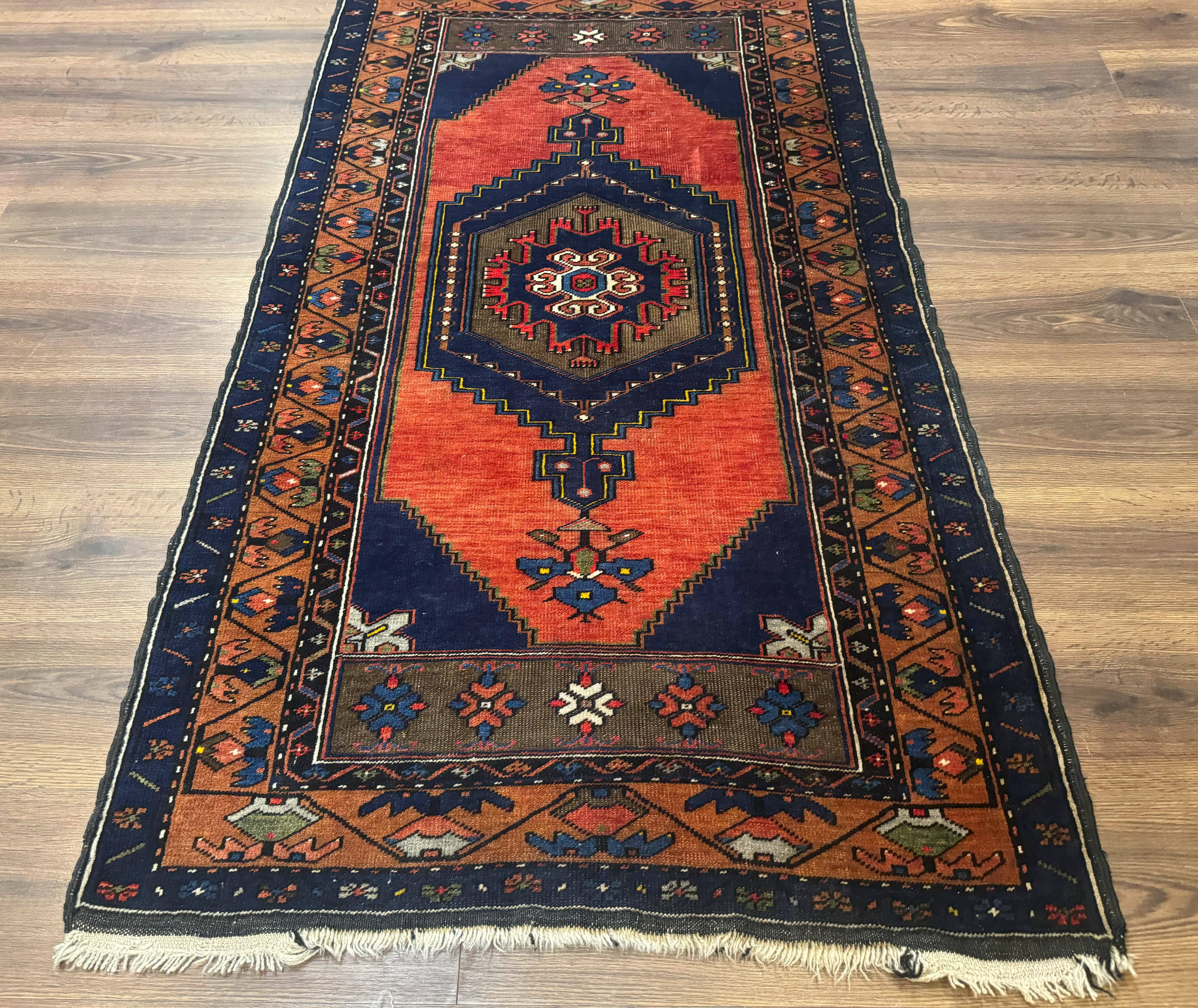 Persian Rug 3x6, Geometric Medallion, Village Tribal Rug, Terracotta and Navy Blue, Antique Nahavand Hamadan Rug - Jewel Rugs