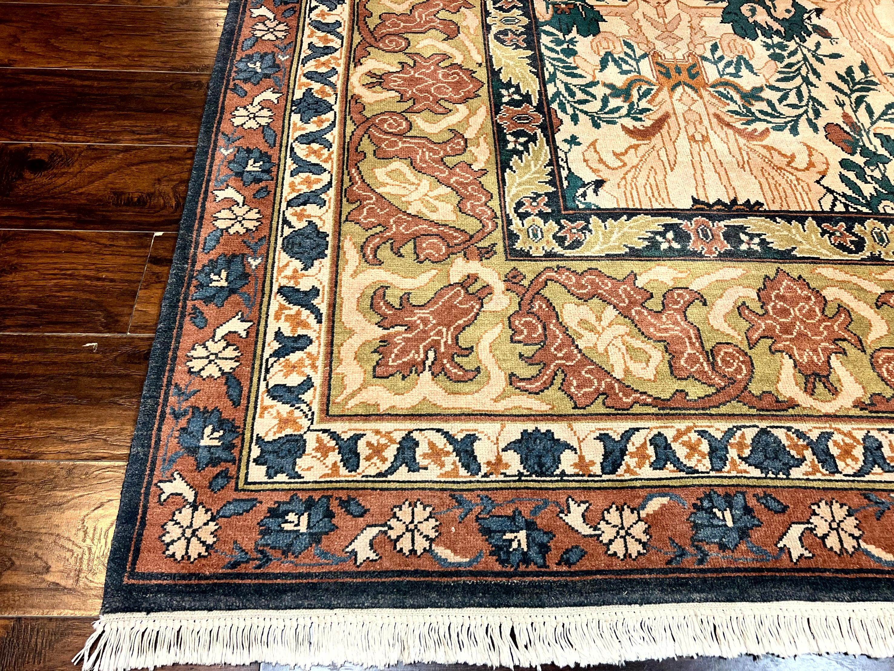 10x13 Wool Rug, Floral Pattern, Birds, Handmade Vintage Carpet, Couristan Rug, Beige - Jewel Rugs