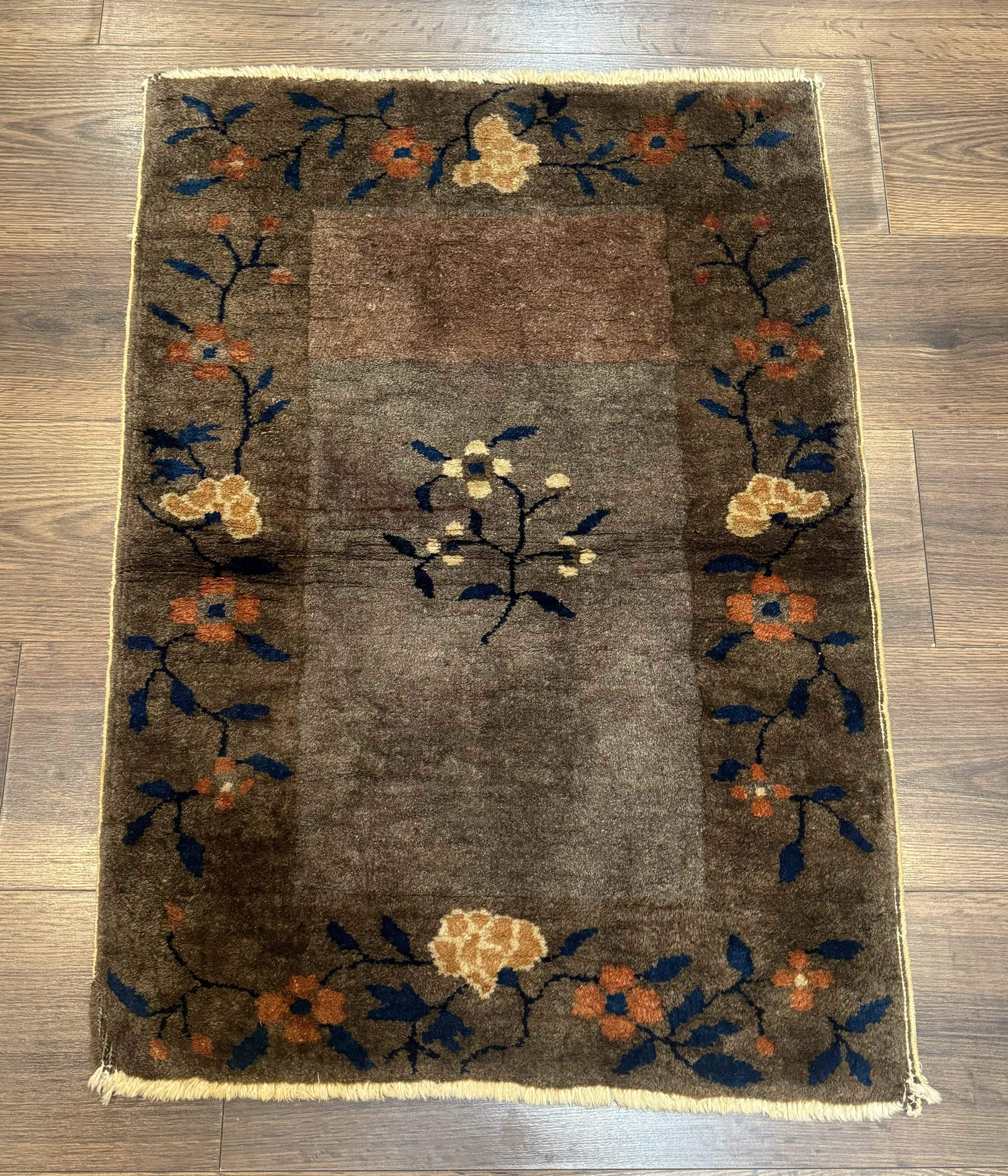 Small Antique Chinese Art Deco Rug 2x3, Nichols Rug, Gray and Brown, Wool Hand Knotted - Jewel Rugs