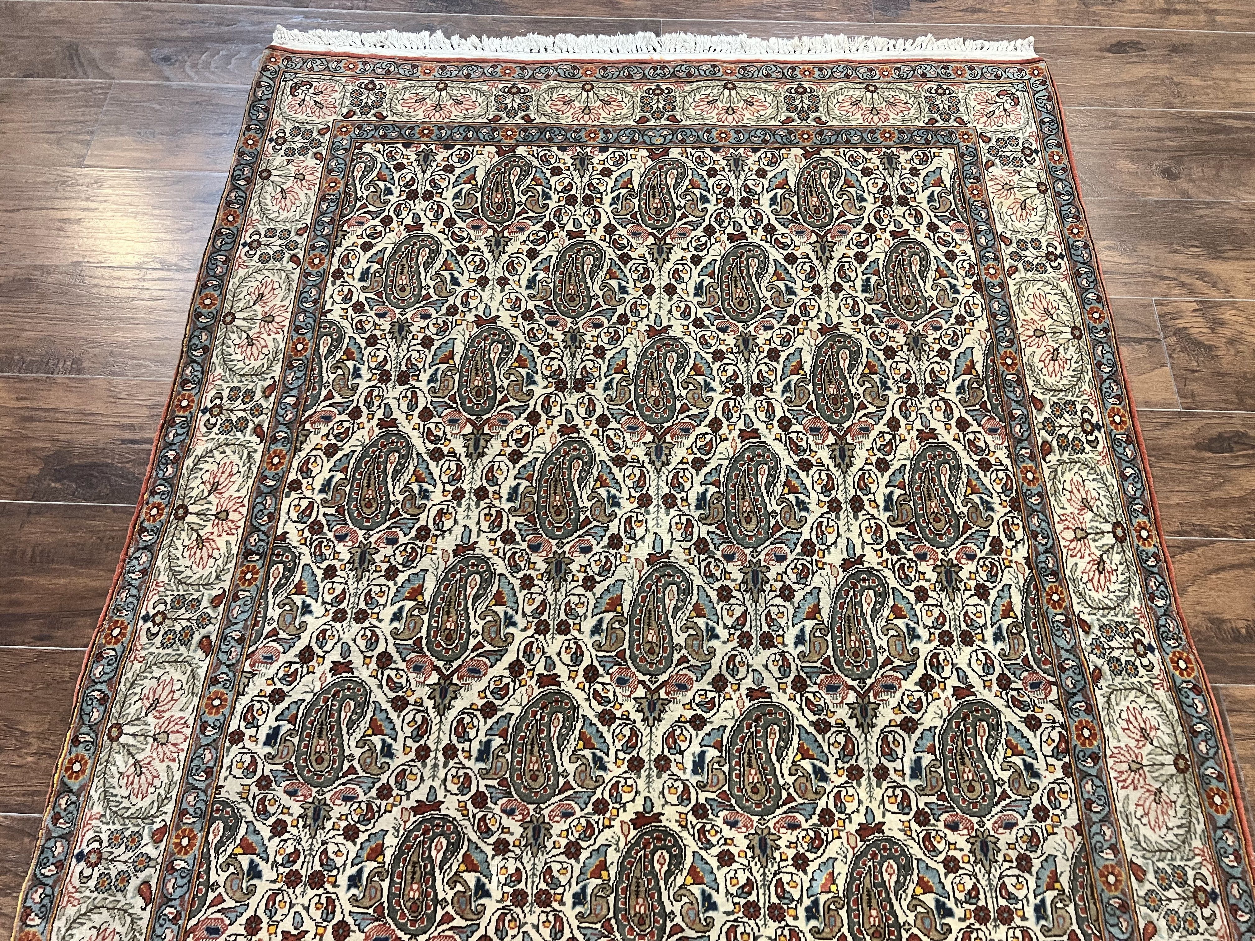 Persian Qum Rug 5x6, Cream Wool Hand Knotted Carpet, Repeated Boteh Paisely Design, Semi Antique Vintage Rug, Very Fine Weave 5 x 6 Rug - Jewel Rugs