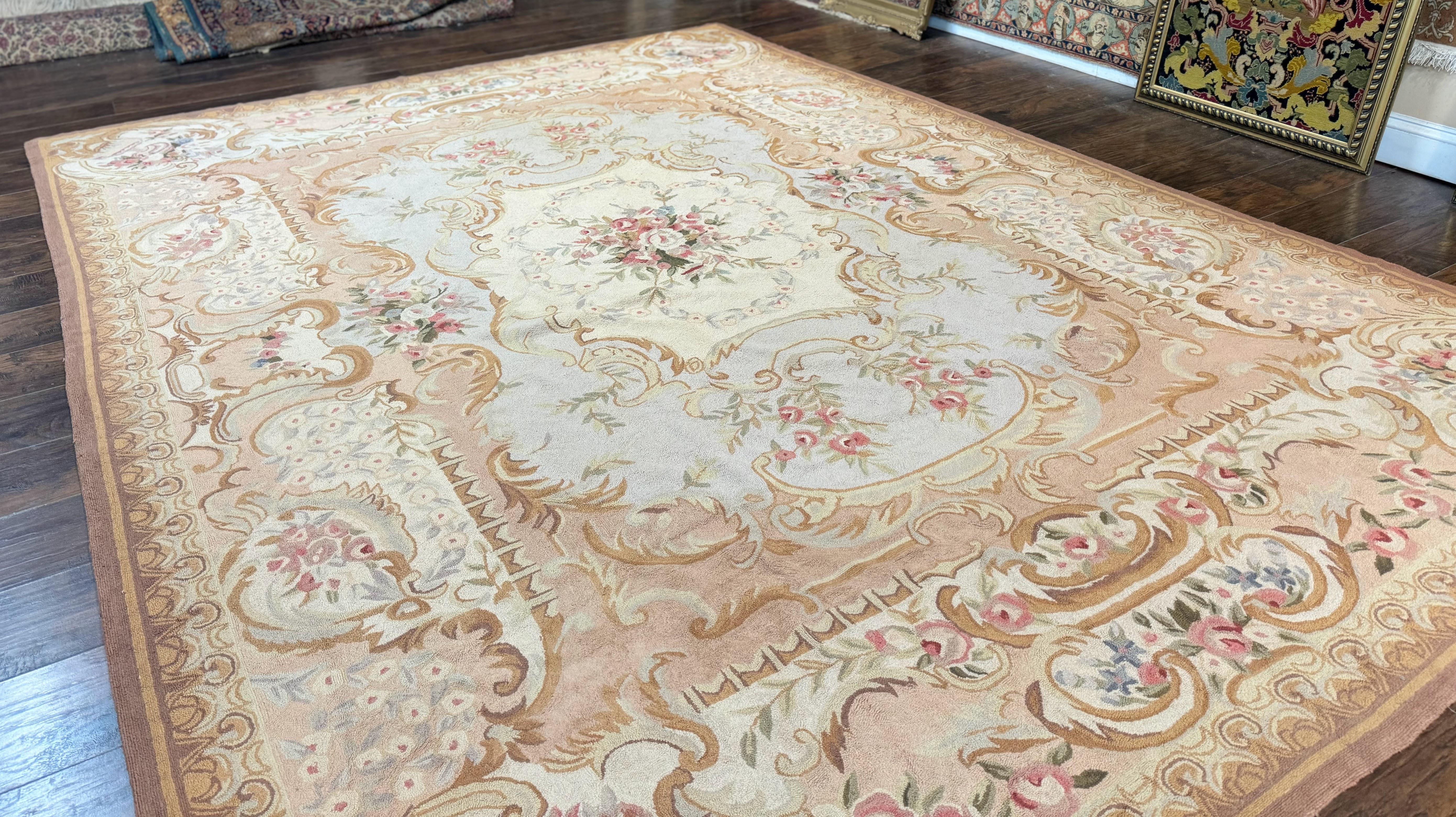 Hooked Aubusson Rug 8x11, Light Blue Ivory Beige Pink, Elegant European Design, Vintage - Jewel Rugs