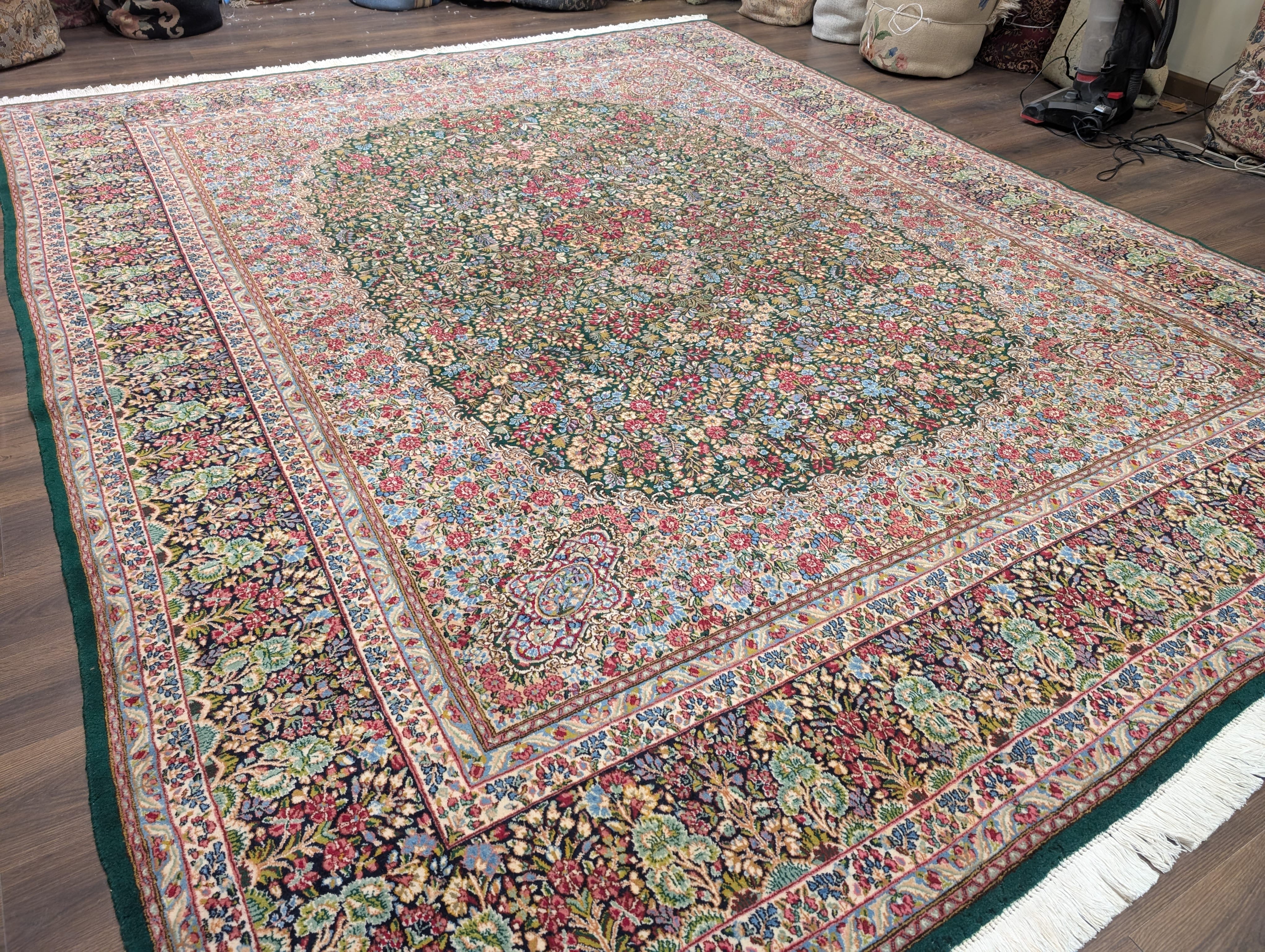 Persian Kirman Rug 10x12, Millefleur, Hand-Knotted Wool Carpet, Dark Green Multicolor - Jewel Rugs