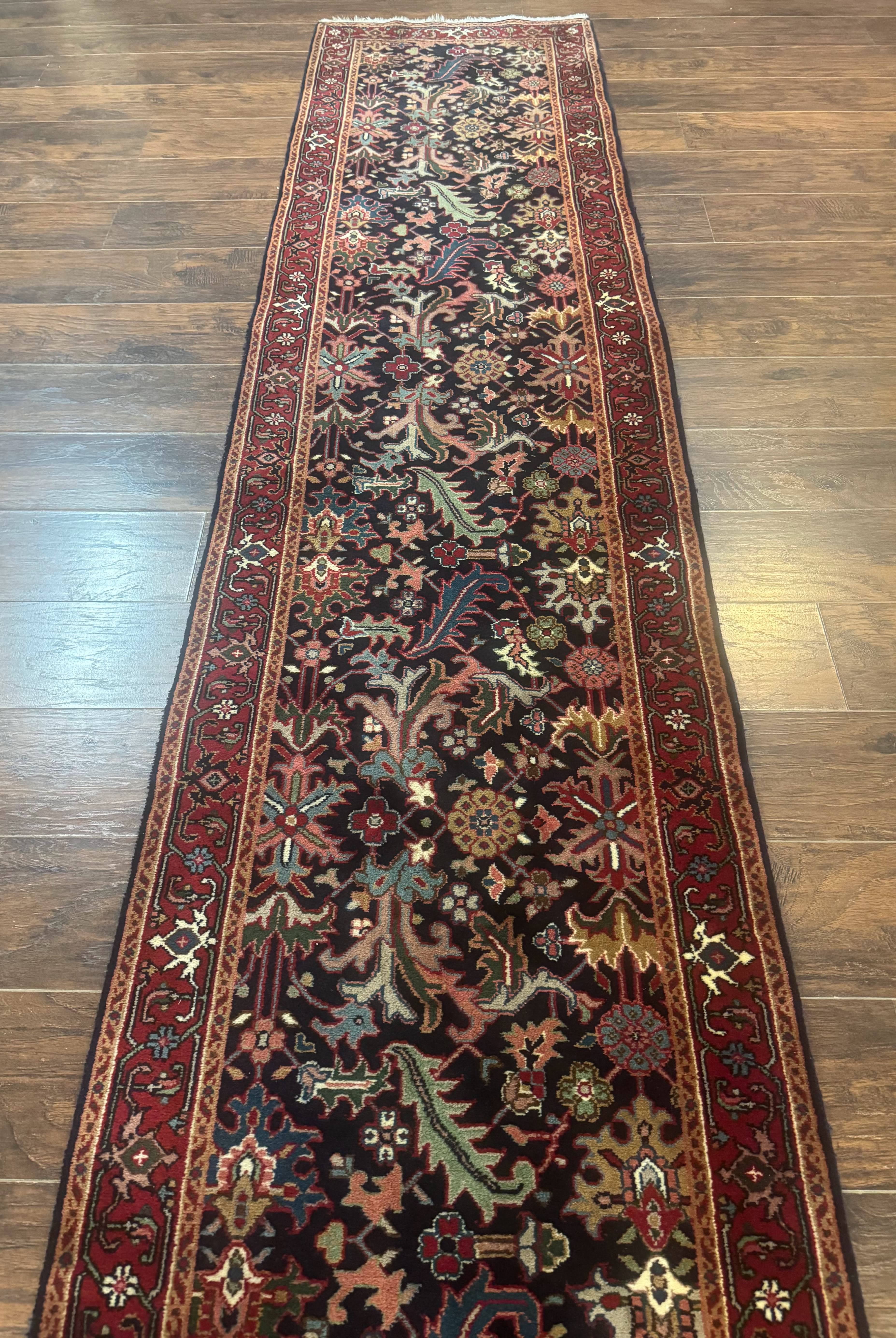 Indo Persian Runner Rug 2.7 x 13, Navy Blue and Red, Allover Floral, Wool, 13ft Runner - Jewel Rugs