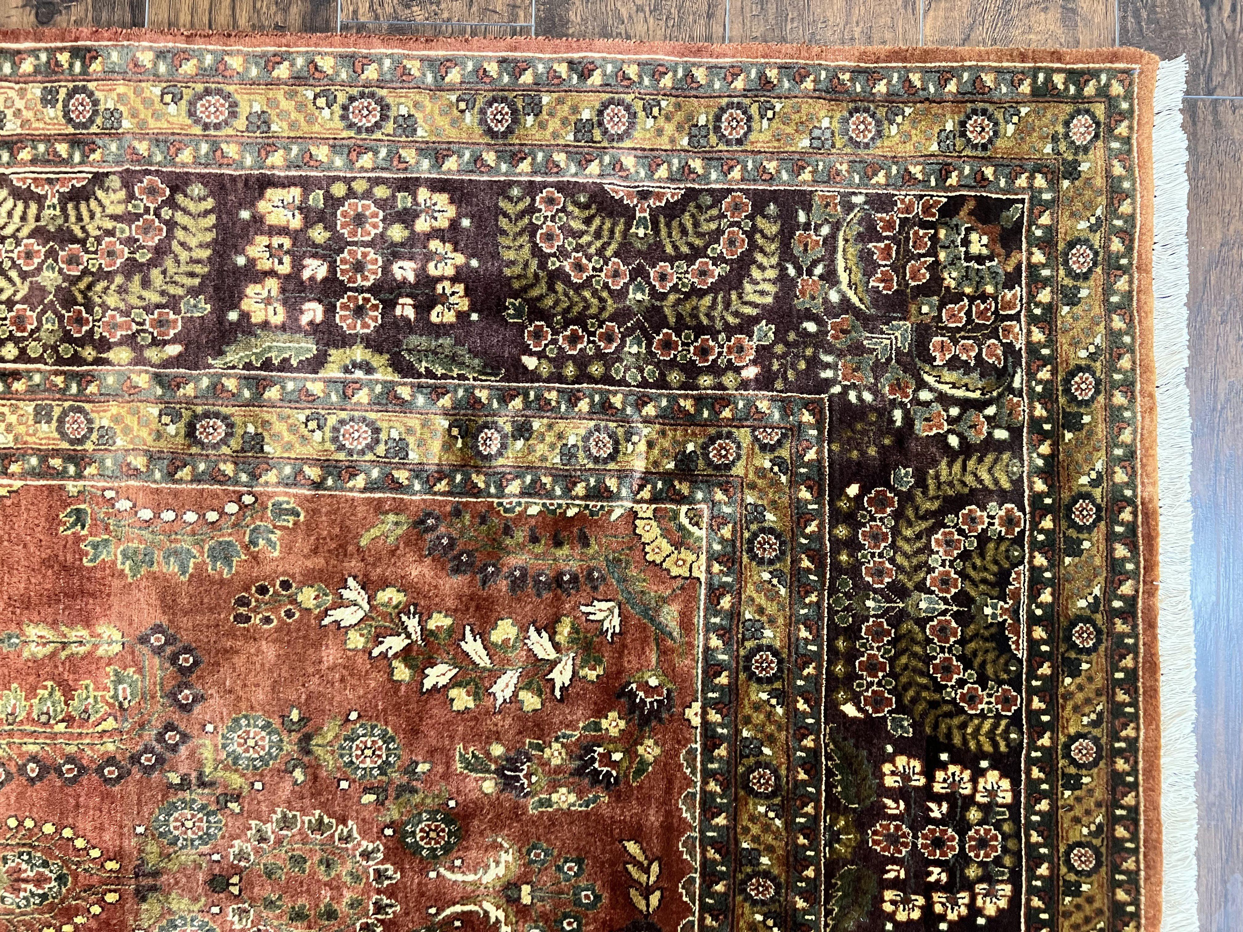 Indo Persian Sarouk Rug 8x10, Indian Oriental Carpet 8 x 10 ft, Red Handmade Wool Fine Floral Allover Vintage Rug, Traditional Rug - Jewel Rugs