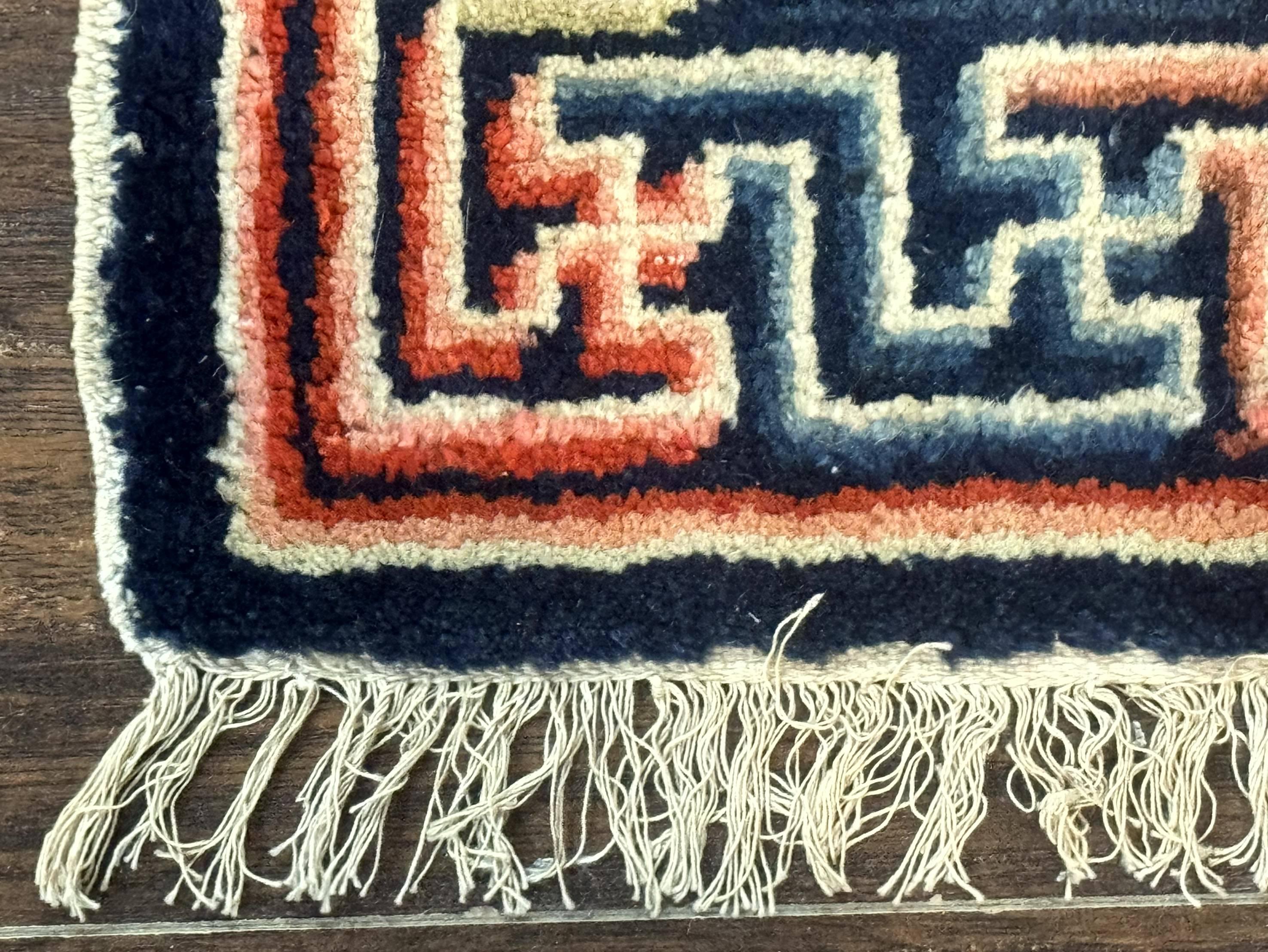 Small Antique Chinese Rug 2x2, Red Blue Square Rug Mat, Handmade, Tibetan Rug - Jewel Rugs