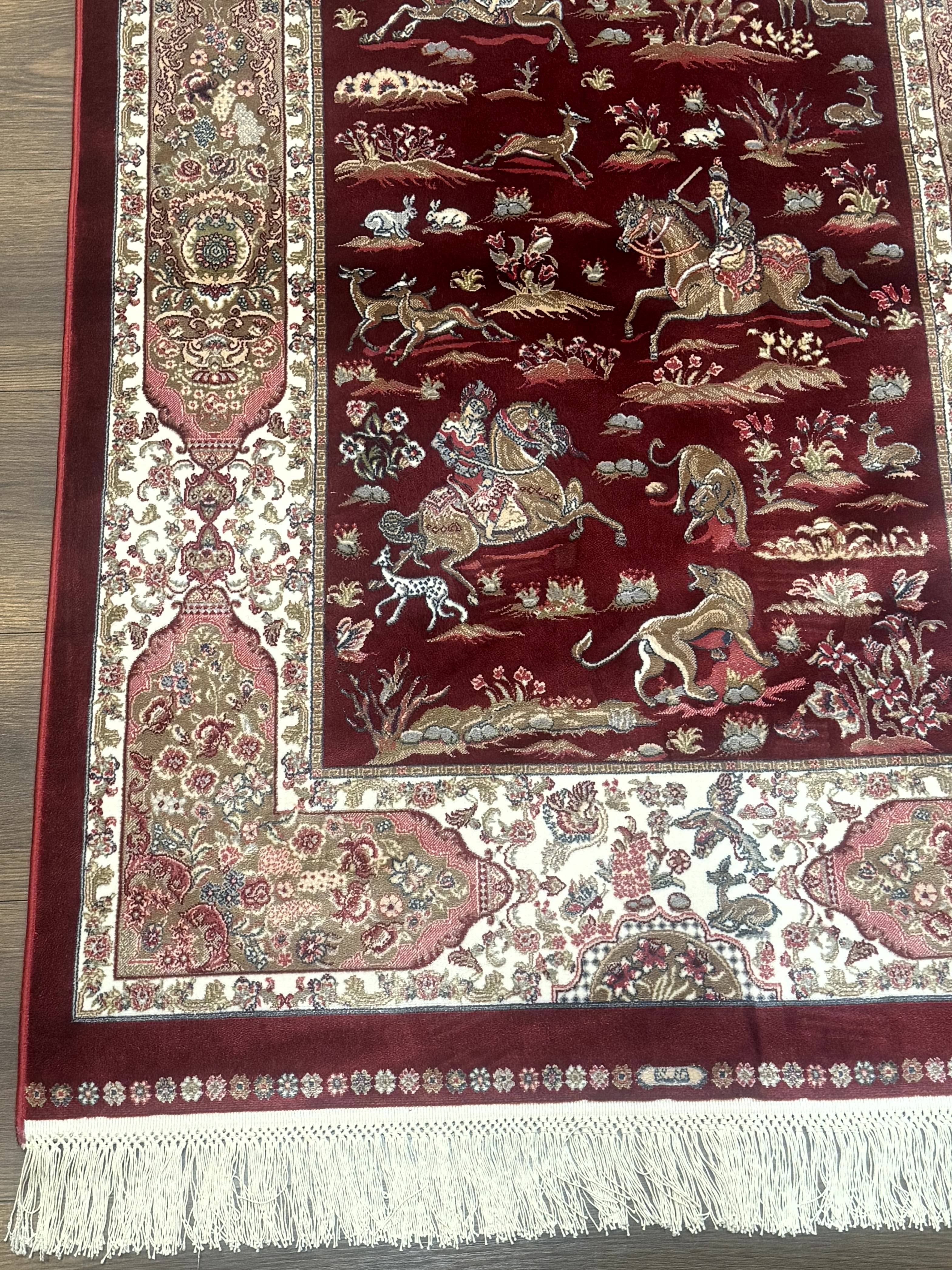 Turkish Silk Rug 3x5, Hunting Design, Dark Red & Ivory, Bamboo Silk, New - Jewel Rugs