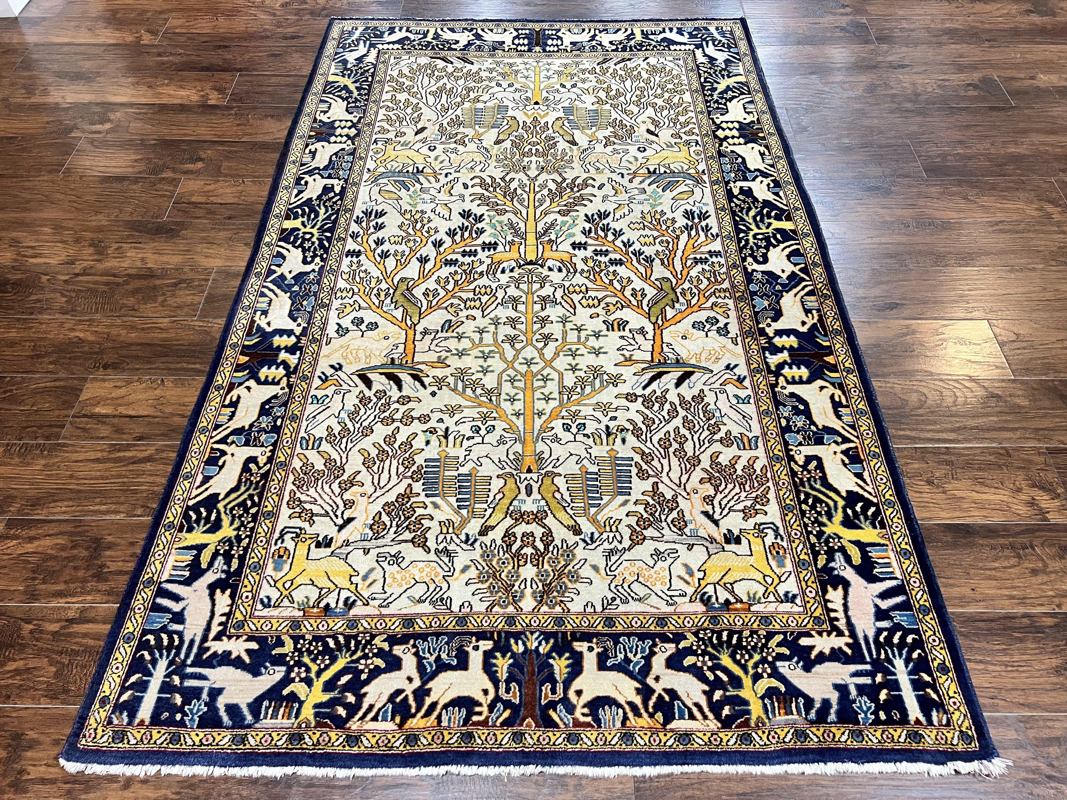 Persian Tree of Life Rug 5x9, Qum Rug, Animal Motifs Deer Birds, Cream and Navy Blue, Semi Antique Vintage Handmade Carpet, Wool & Silk Highlights - Jewel Rugs