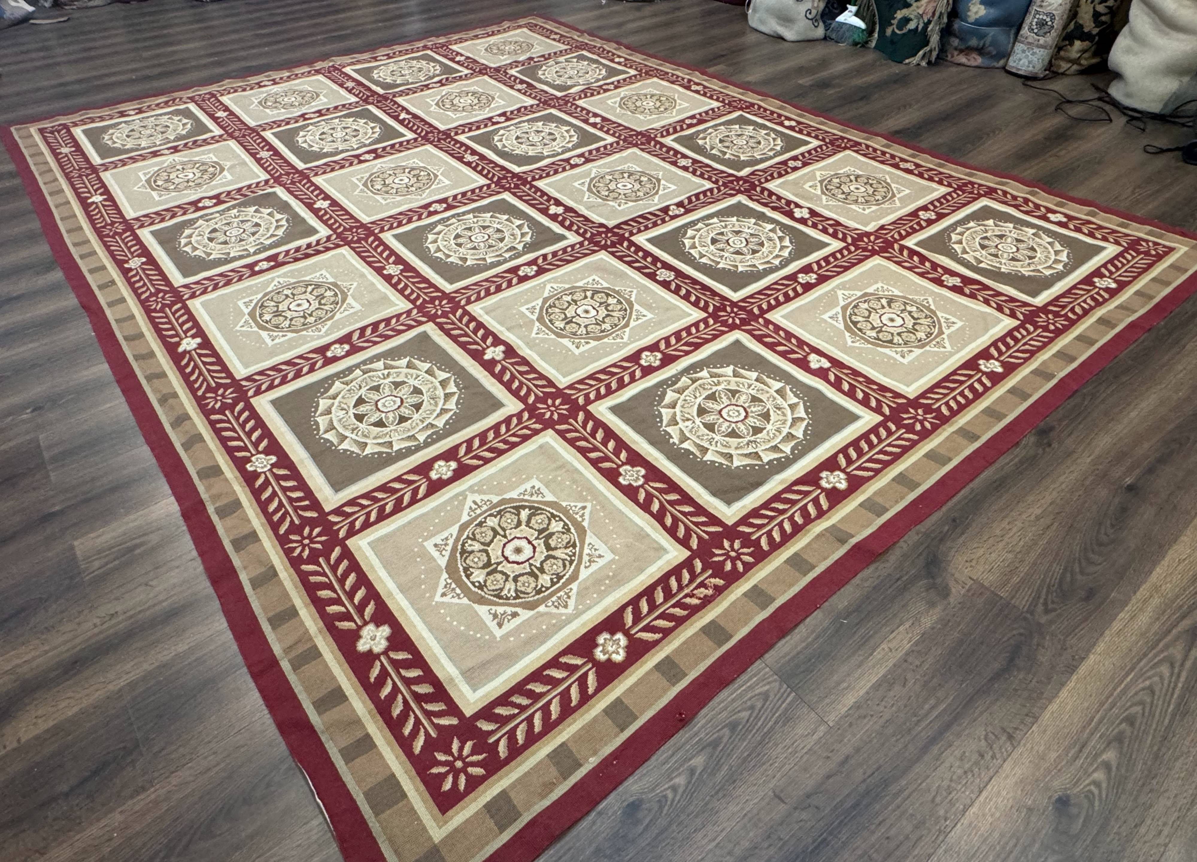 Needlepoint Rug 9x12, Panel Design, Burgundy Taupe, Elegant - Jewel Rugs