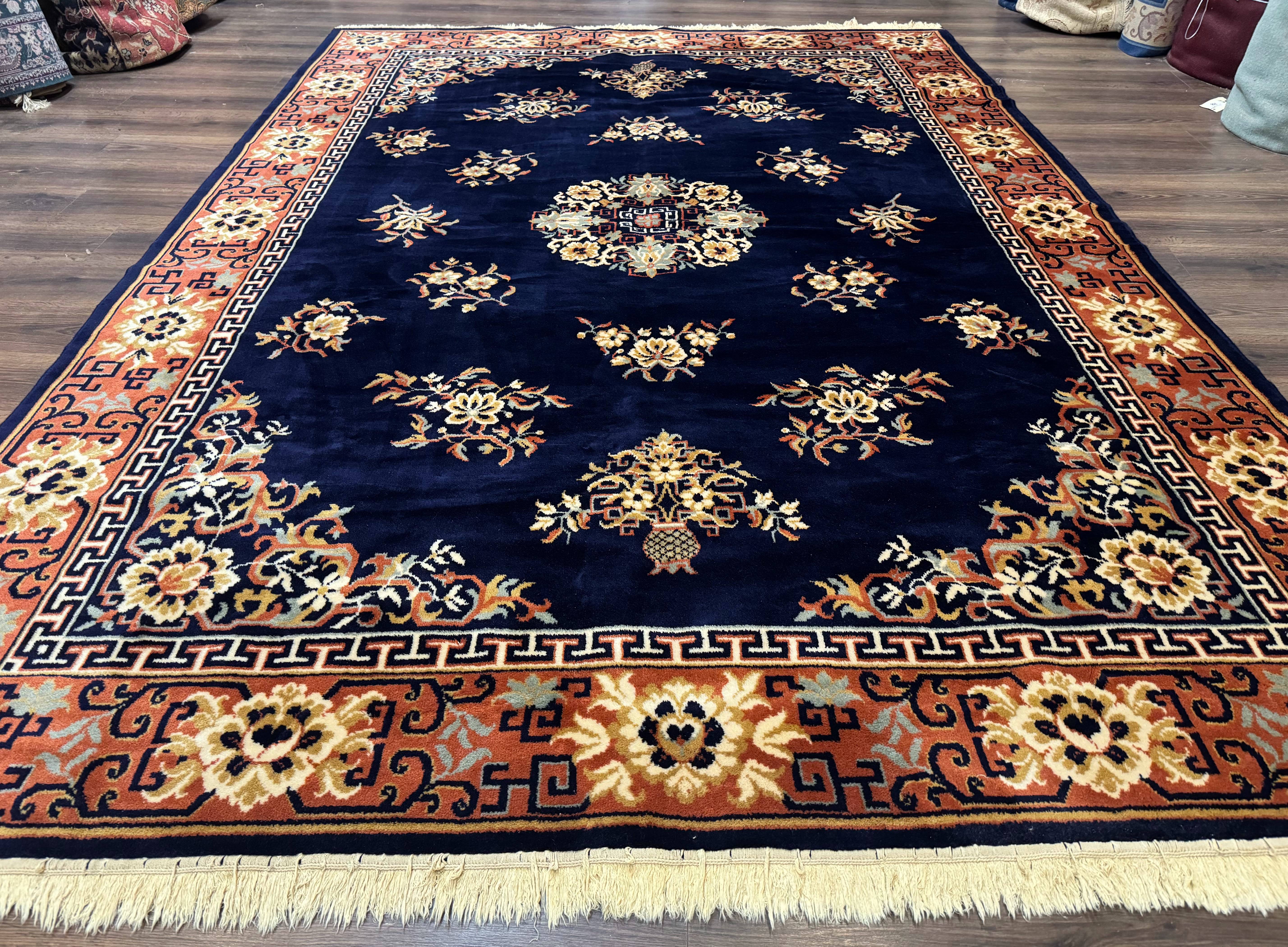 Chinese Wool Rug 8x11, Navy Blue and Terracotta, Floral, Couristan Belgium Power Loomed Carpet - Jewel Rugs