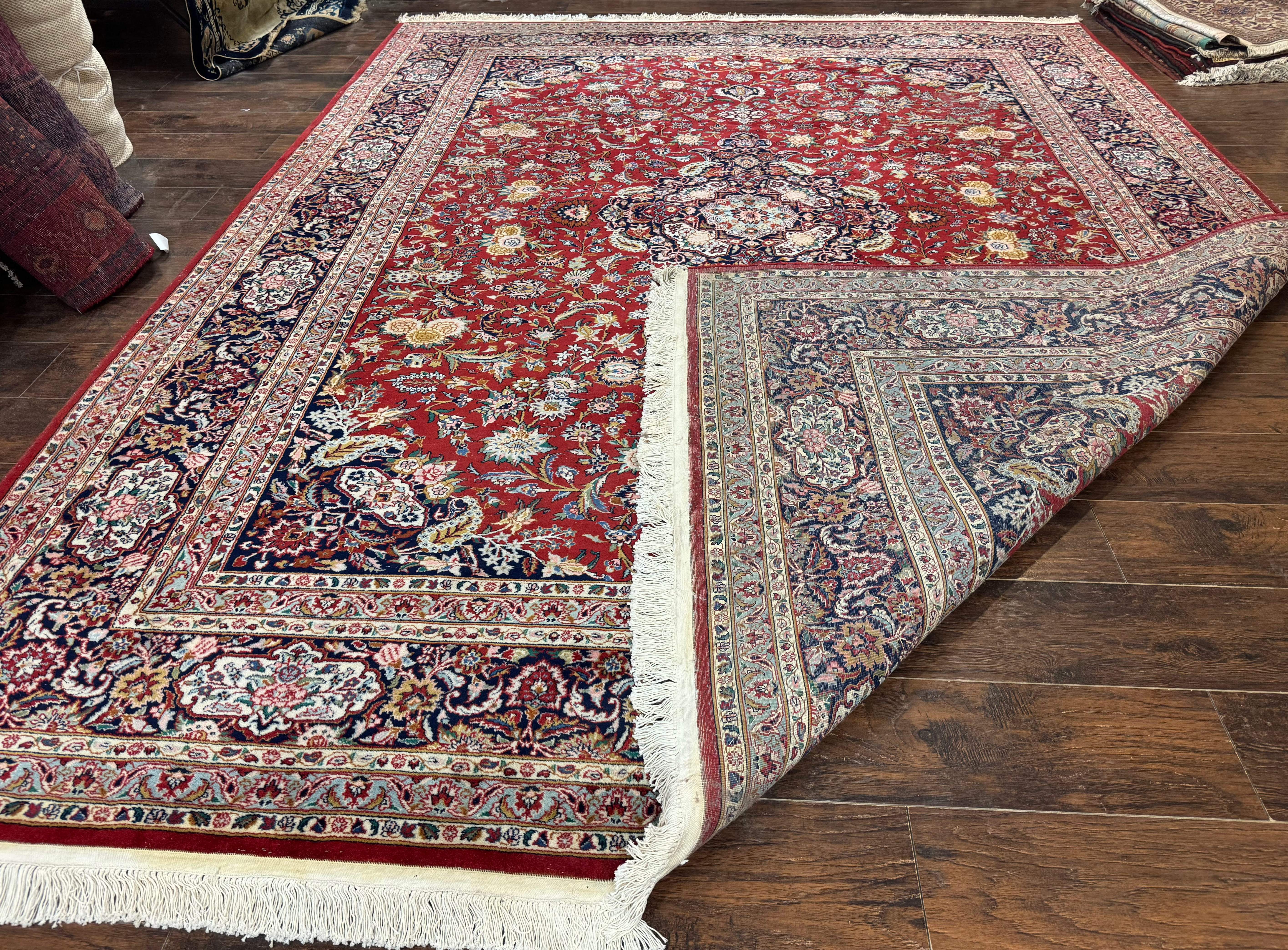 Indo Persian Rug 9x11 ft – Red and Navy, Hand-Knotted Traditional Wool Carpet - Jewel Rugs