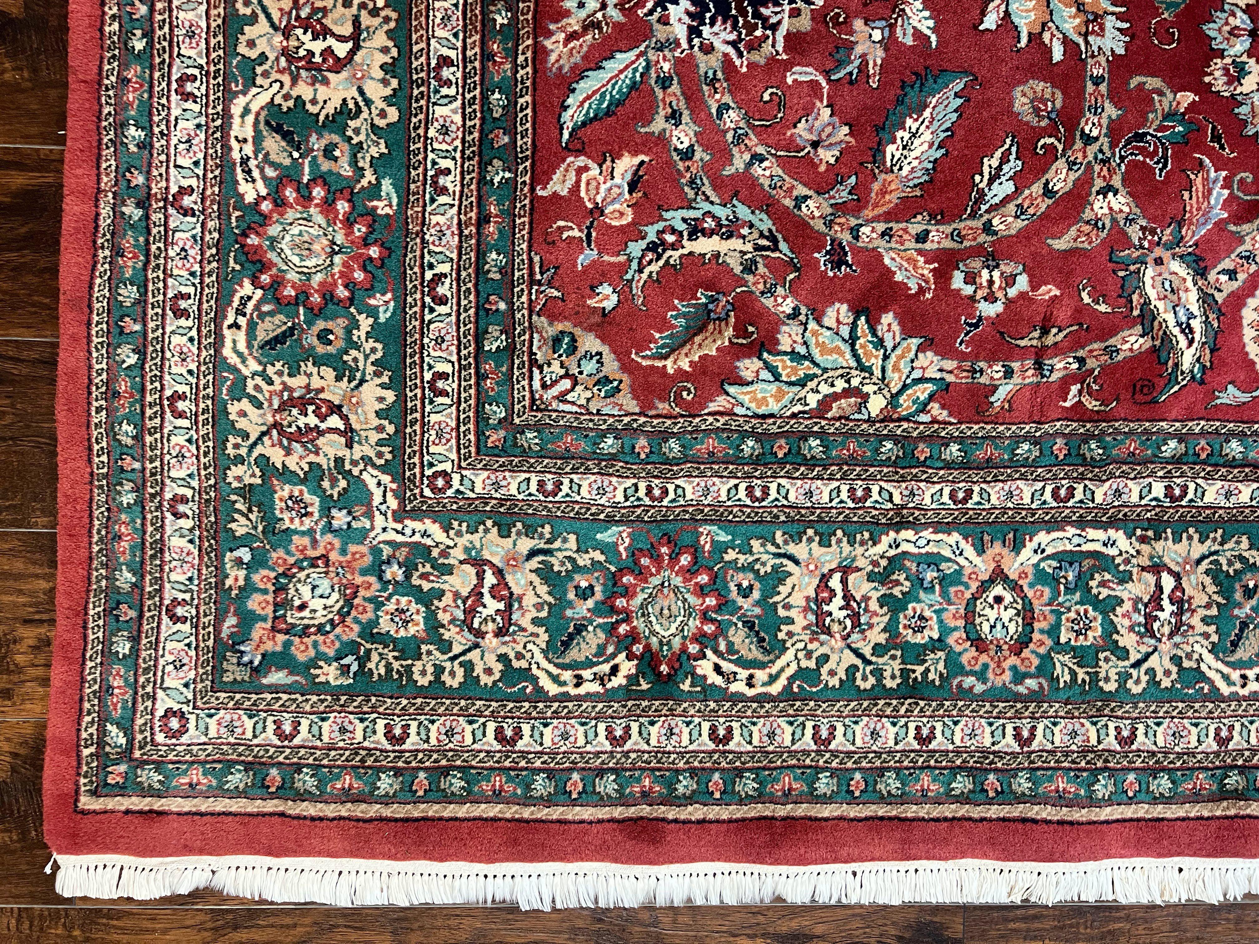 Indo Persian Rug 9x12, Wool Hand Knotted Vintage Carpet, Red & Green, Floral Allover 9 x 12 Room Sized Oriental Rug - Jewel Rugs