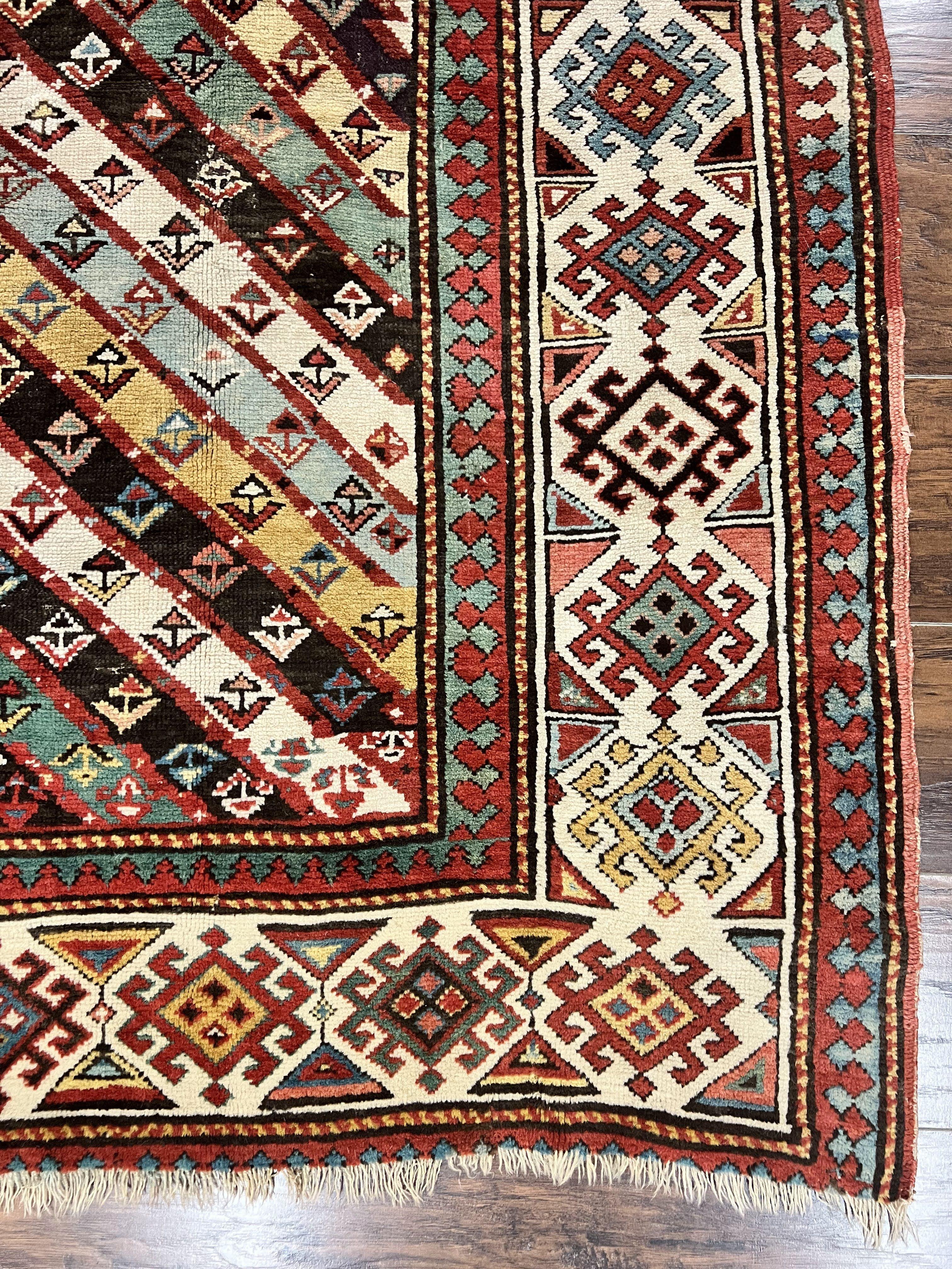 Caucasian Kazak Runner Rug 3.6 x 8, Wool Hand Knotted Antique 1880s Carpet, Ivory & Multicolor Stripes Oriental Runner Rug, Hallway Rug - Jewel Rugs