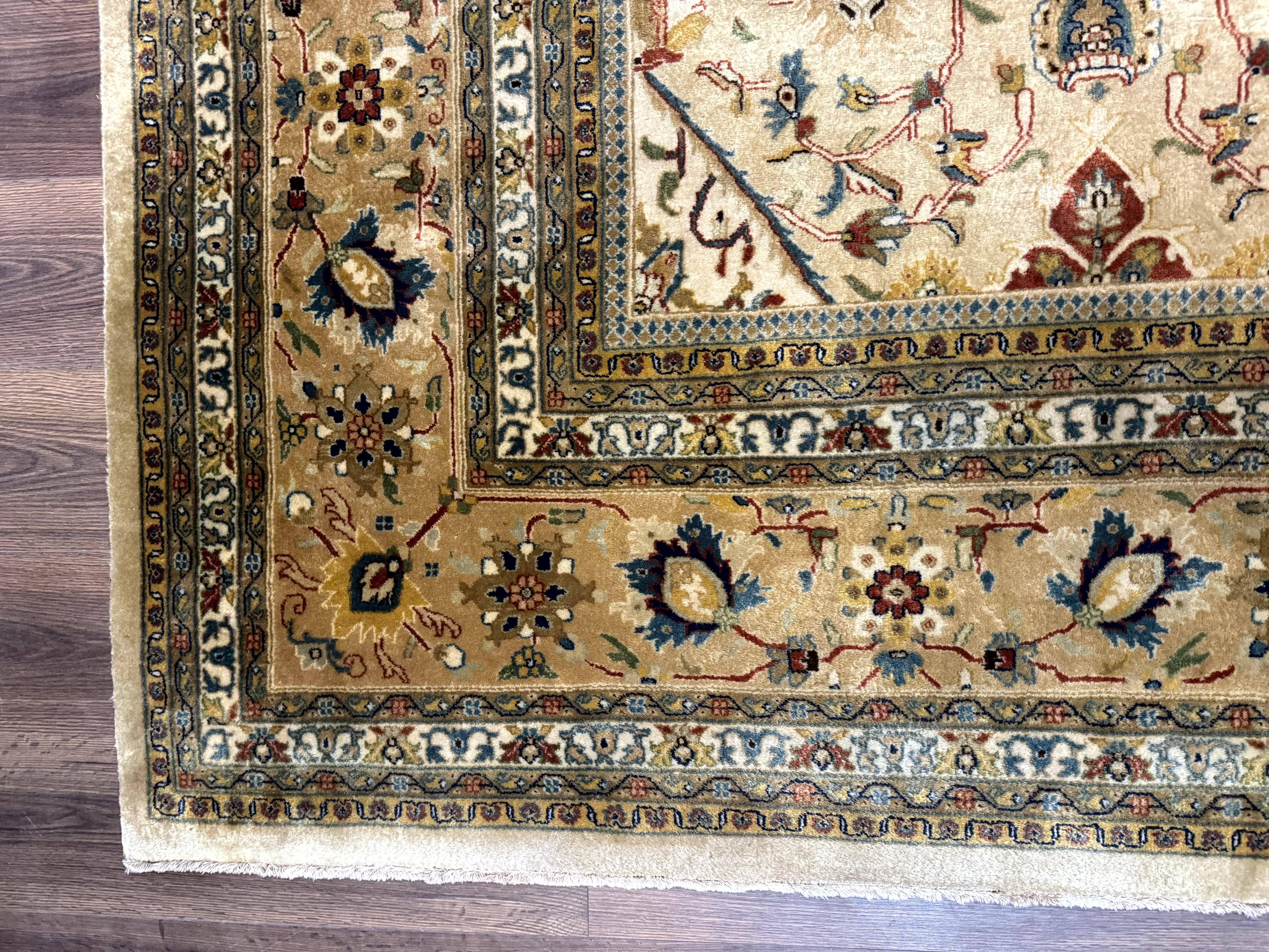 Palace Sized Indo Persian Tabriz Rug 12x18, Tan, Hand Knotted Handmade Oversized Wool Area Rug, Allover Pattern, Fine 225 KPSI - Jewel Rugs