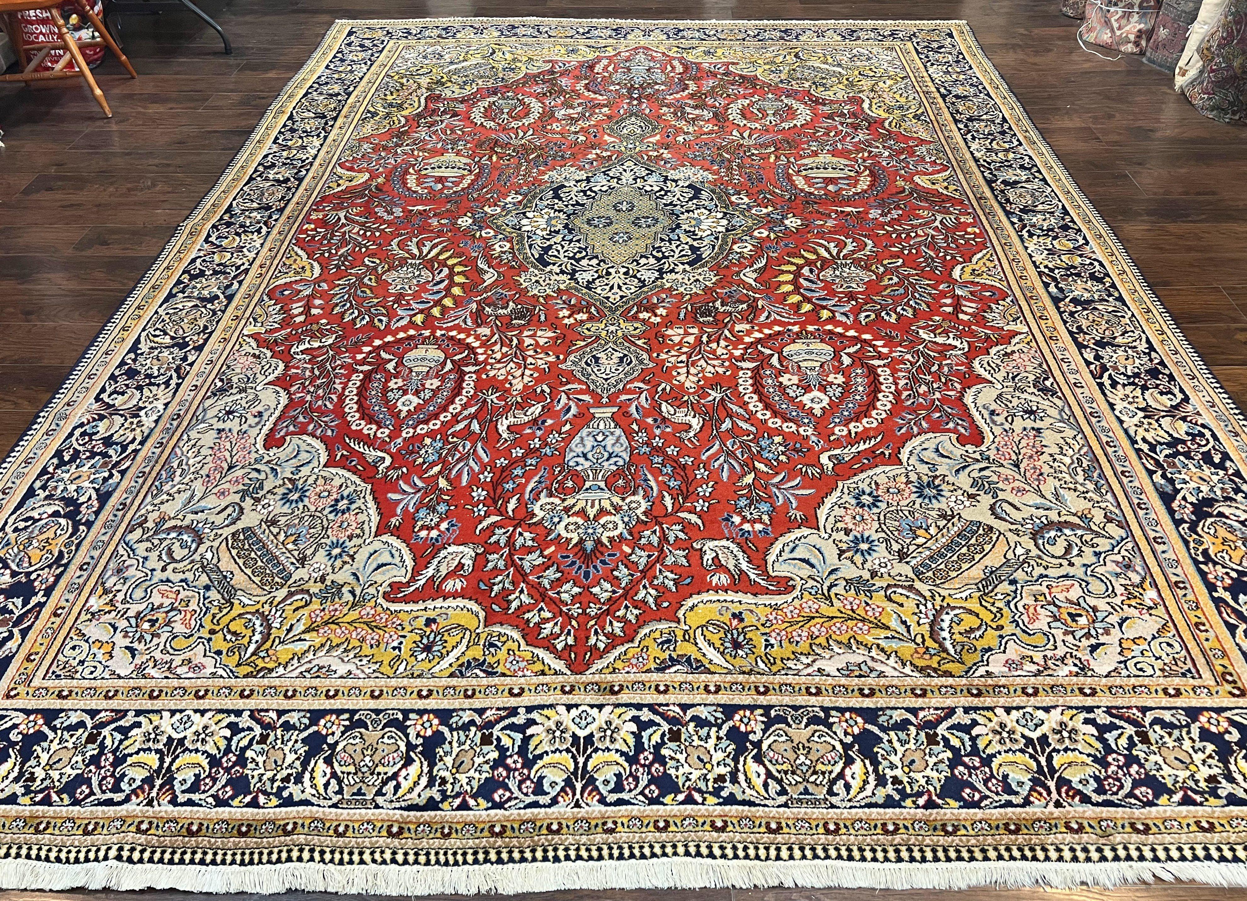 Wonderful Persian Qum Rug 10x14, Wool w/ Silk Highlights, Hand Knotted Semi Antique Vintage Carpet, Red, Floral, Fine Weave, Birds Deer Pictorials - Jewel Rugs