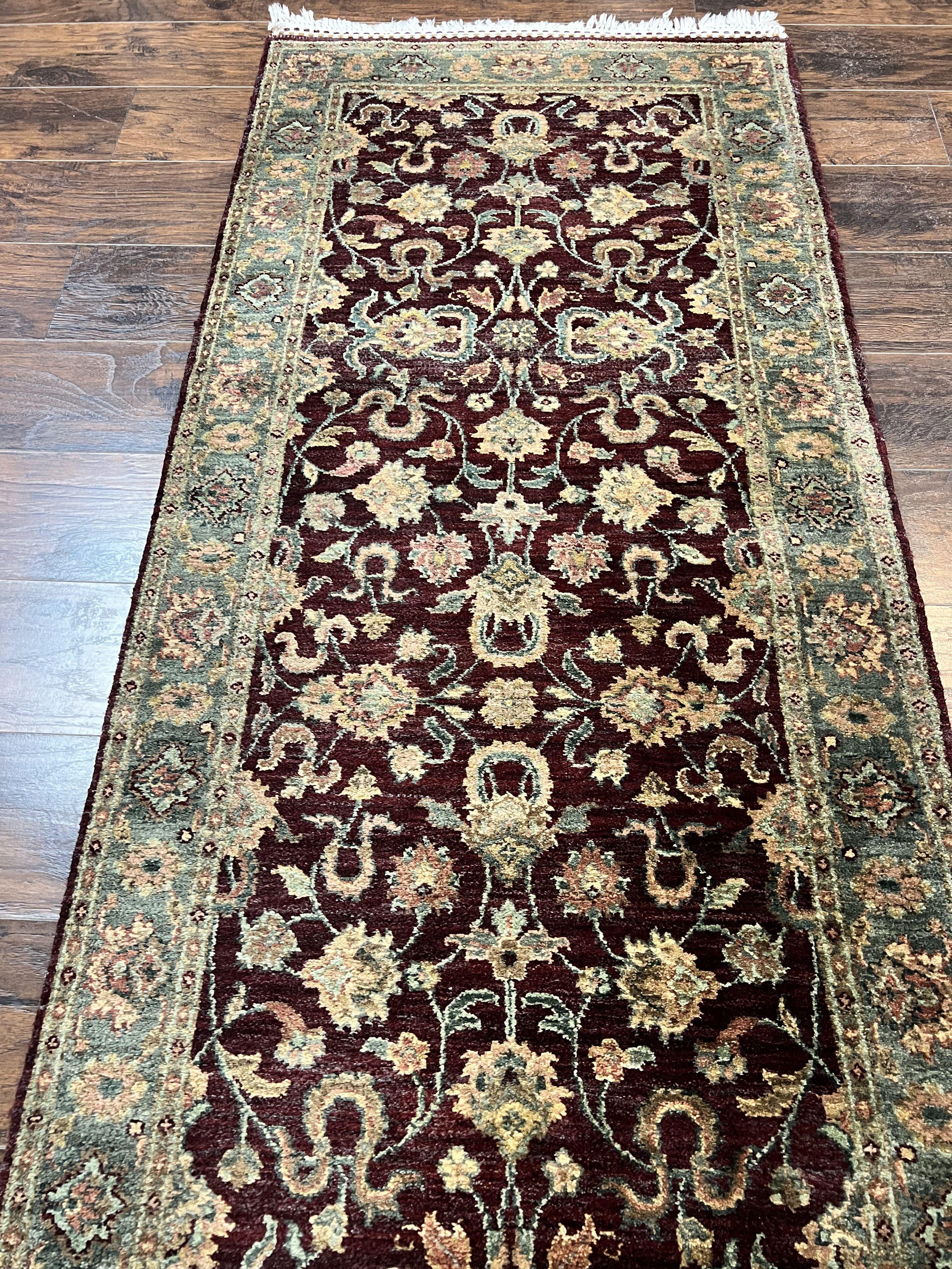 Indian Runner Rug 3x12, Indo Persian Runner for Hallway 3 x 12 ft, Dark Purple and Green, Floral Allover, Wool Handmade Vintage Traditional - Jewel Rugs