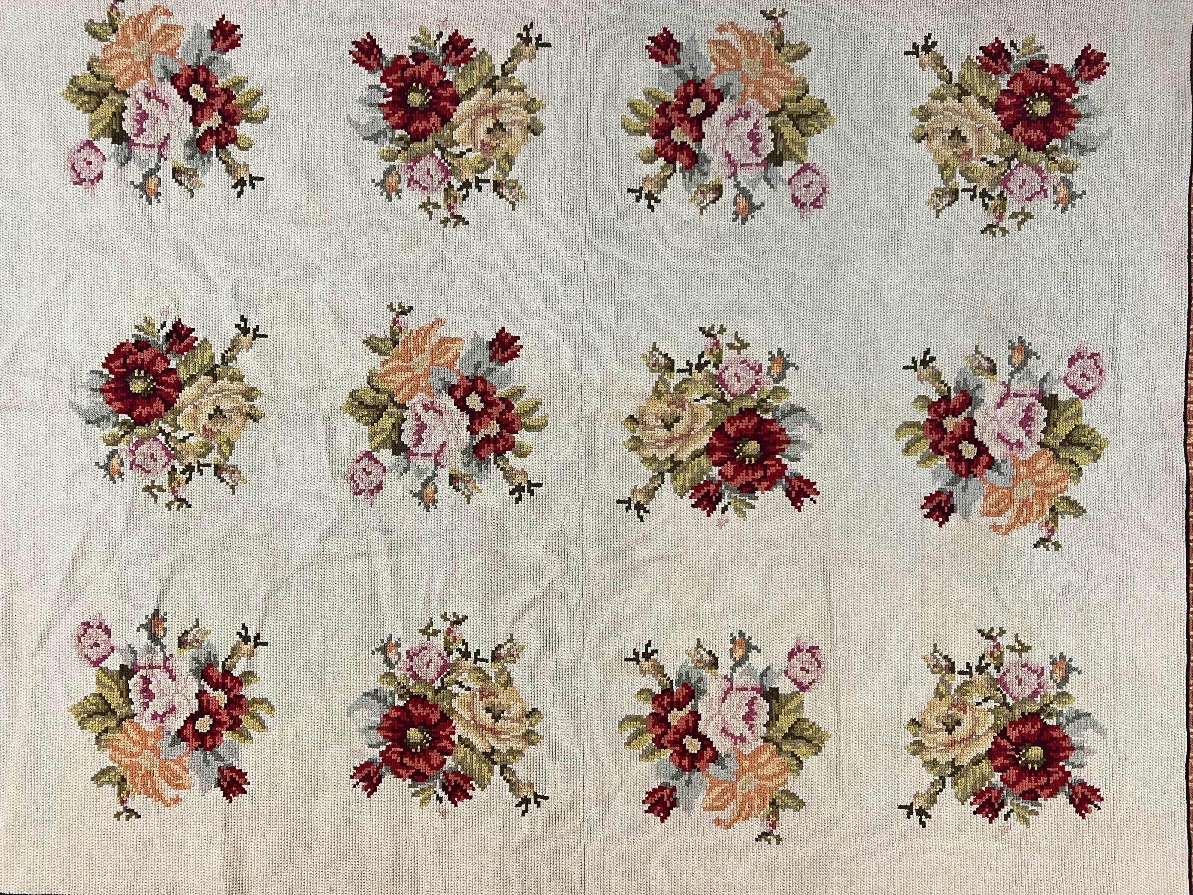 Portuguese Needlepoint Rug 8x9, Vintage Rug 8 x 9 ft, Ivory Dark Brown Hand-Woven Wool Portuguese Carpet, European Rug - Jewel Rugs