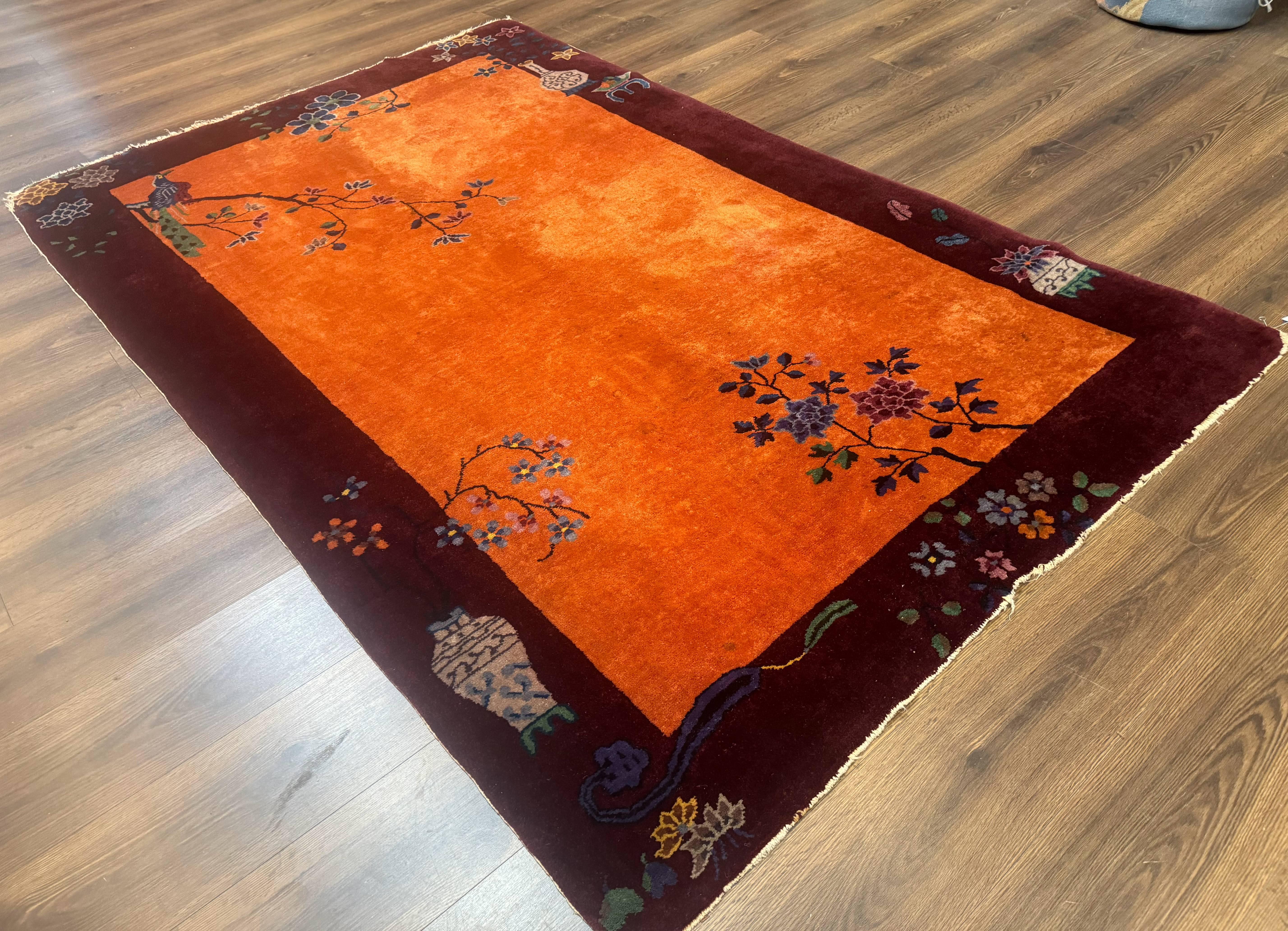 Chinese Art Deco Rug 5x8, Antique Chinese Wool Rug, Nichols Rug, Rare Chinese Carpet, Orange and Purple-Maroon - Jewel Rugs