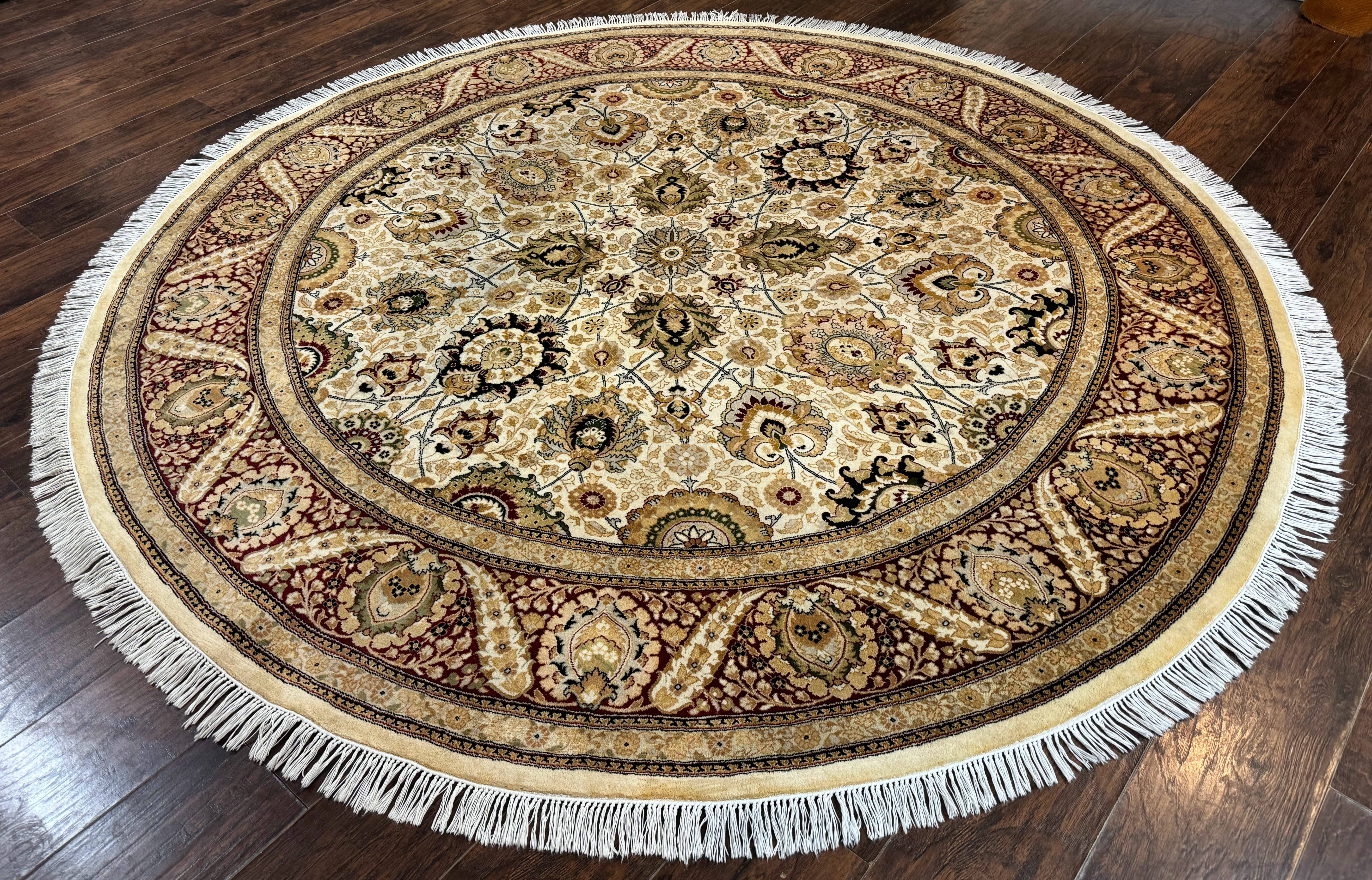 Round Pak Persian Rug 8x8, Vintage Handmade Wool Traditional Carpet, Beige Dark Red, Fine 270 KPSI - Jewel Rugs