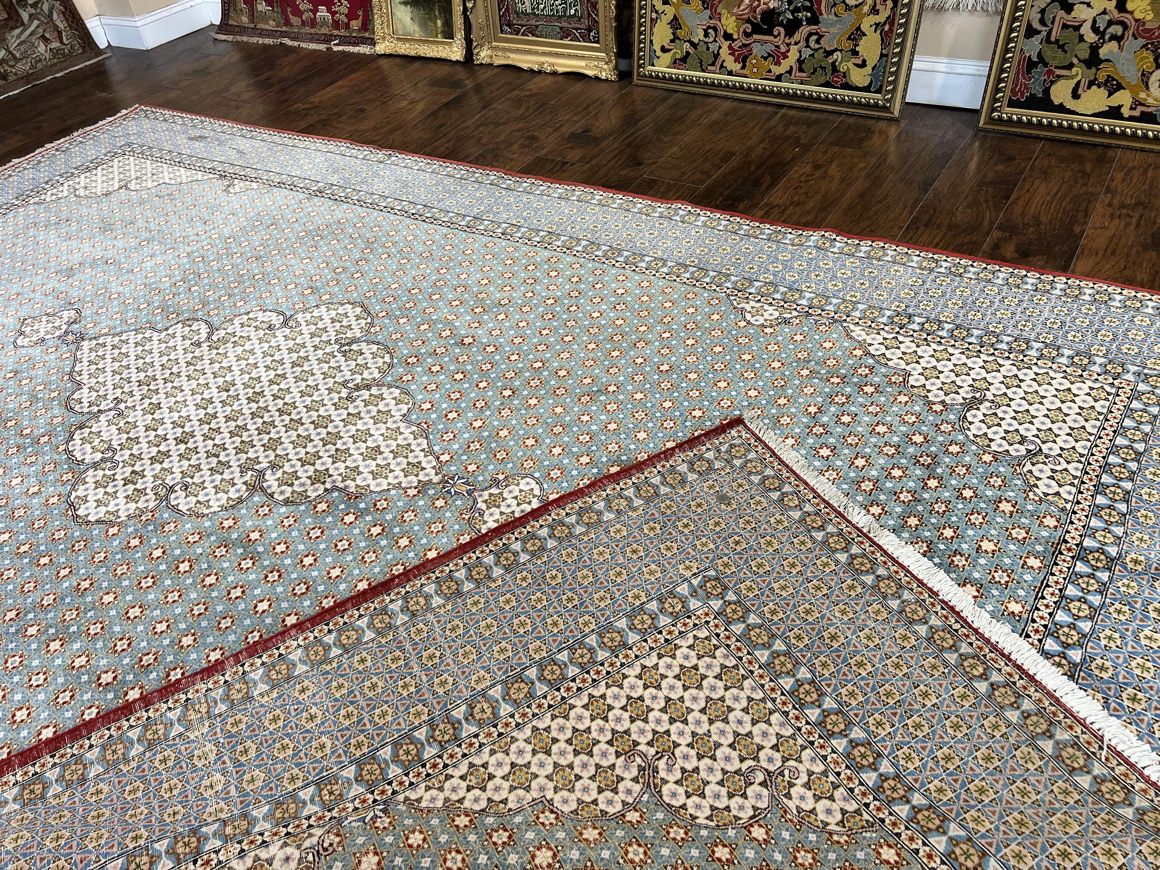 Rare Persian Rug 8x12, Qum Rug, Repeated Star Motifs, Blue and Ivory, Fine 300 KPSI, Hand Knotted Handmade Vintage Wool Rug - Jewel Rugs