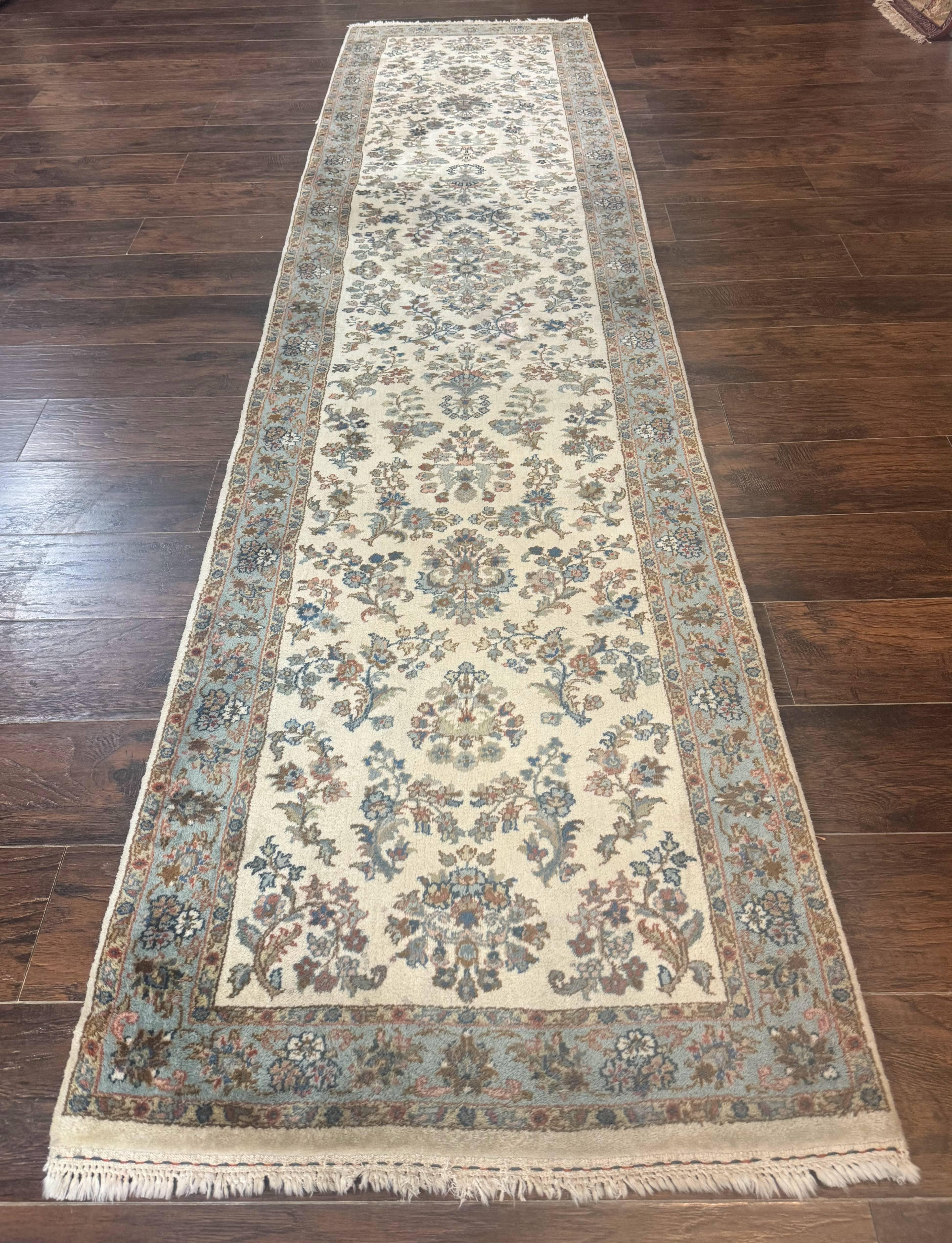 Indo Persian Sarouk Runner Rug 3x12, Cream and Light Blue, Oriental Runner for Hallway or Kitchen 3 x 12 - Jewel Rugs