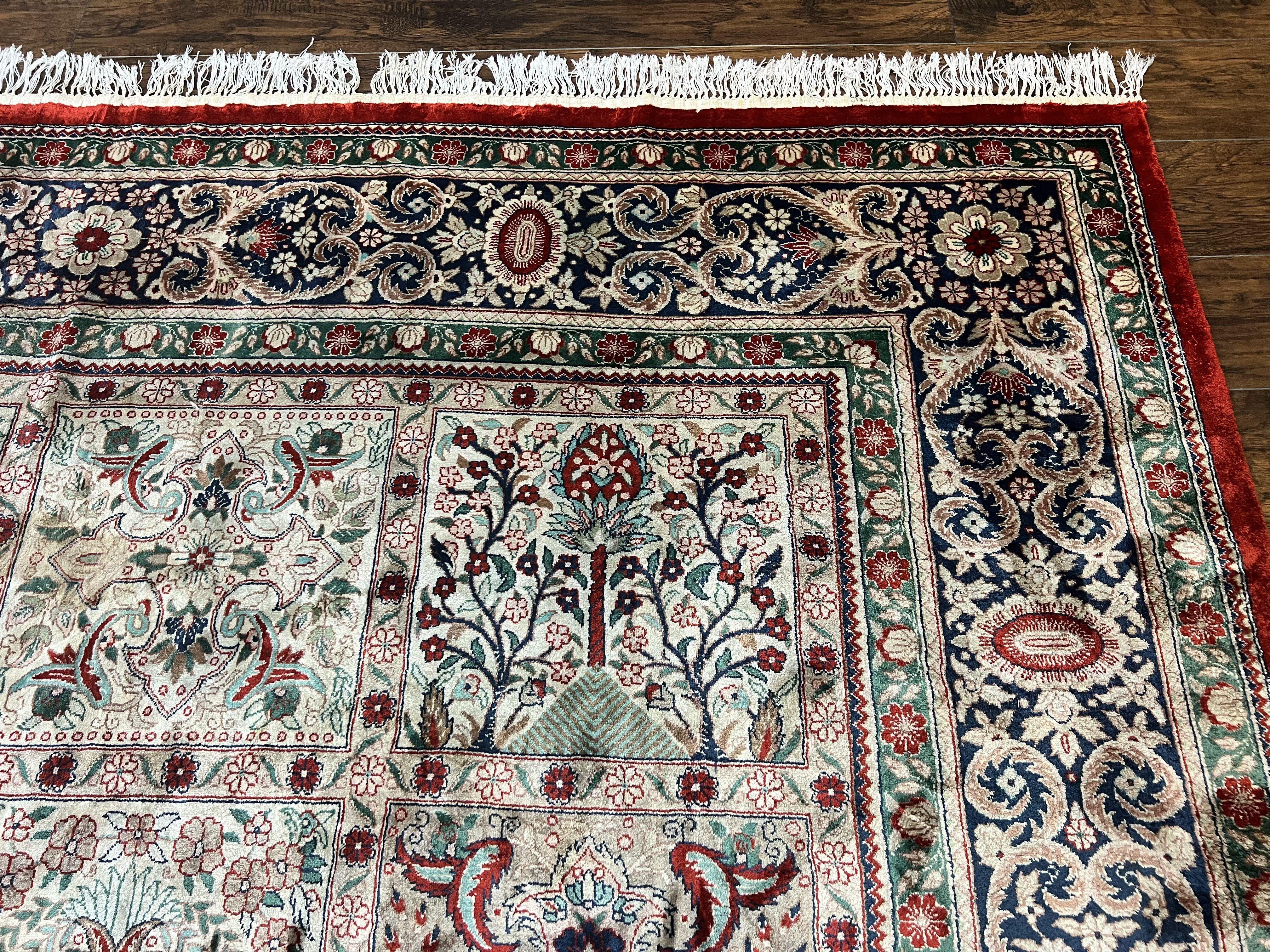 Silk Sino Persian Rug 9x12, Panel Design, Garden of Eden Pattern, Fine 200 KPSI, Hand Knotted Room Sized Silk Carpet, Vintage - Jewel Rugs