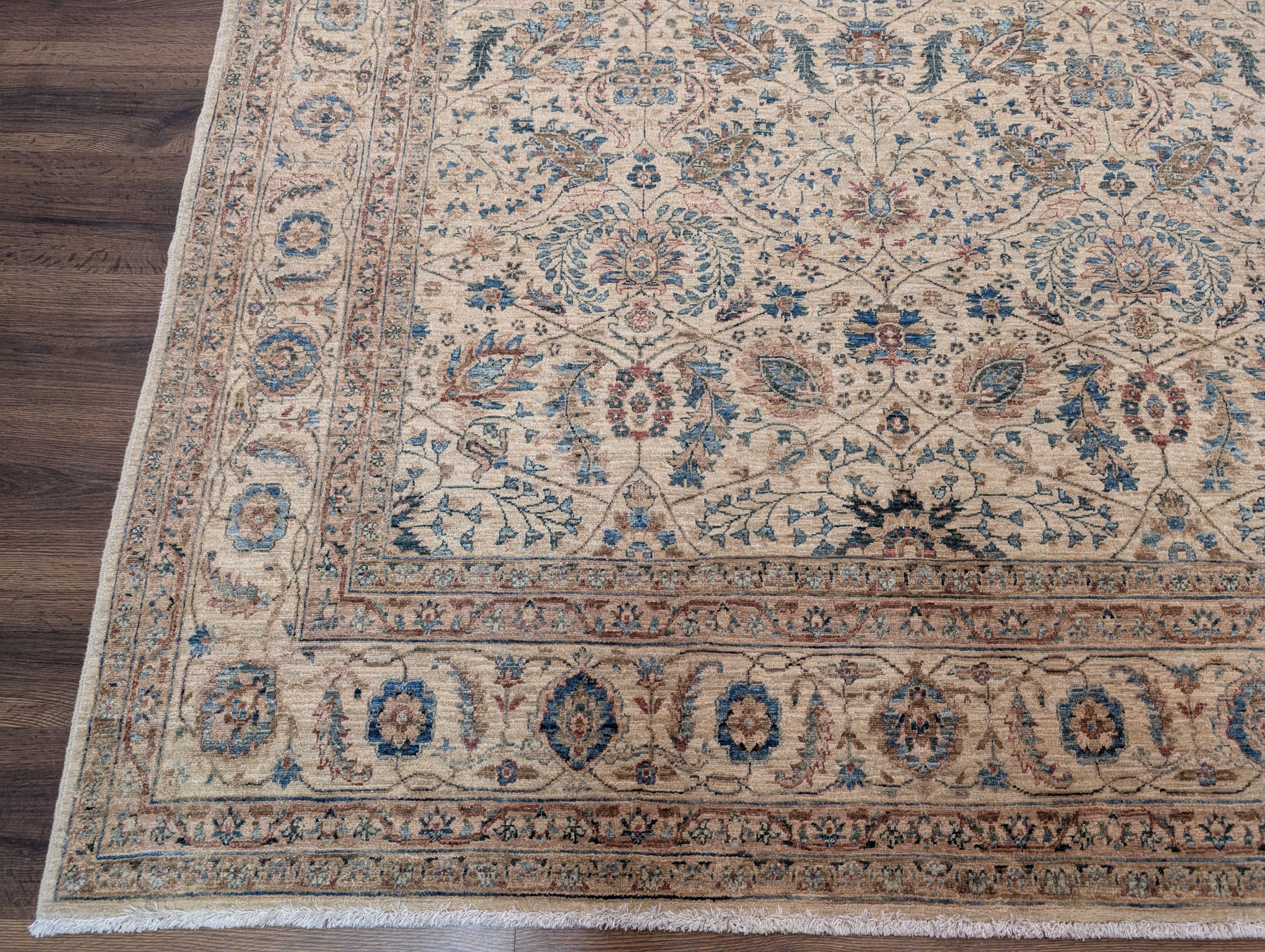 Persian Kashan Rug 6x9 – Oat and Blue Hand Knotted Wool Carpet, Light Colors, 200 KPSI - Jewel Rugs
