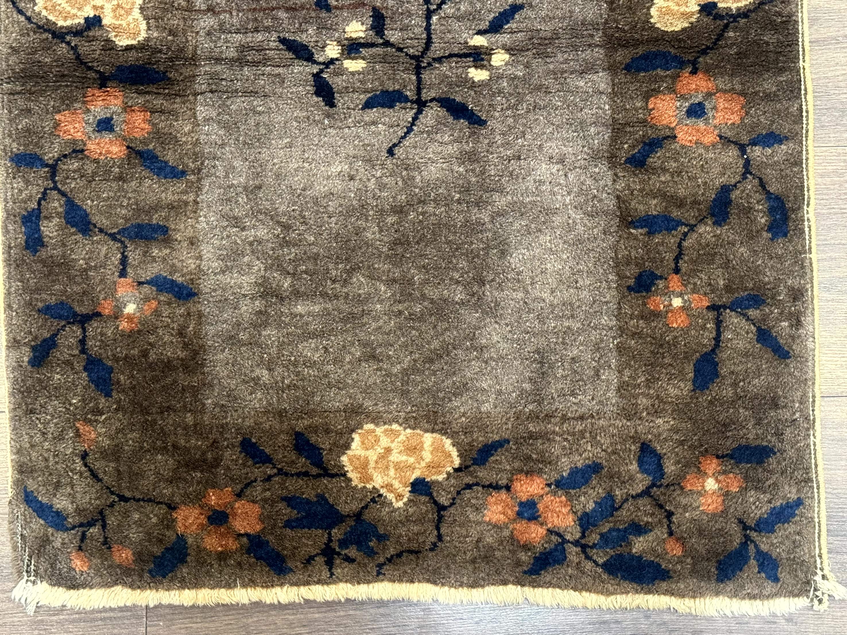 Small Antique Chinese Art Deco Rug 2x3, Nichols Rug, Gray and Brown, Wool Hand Knotted - Jewel Rugs