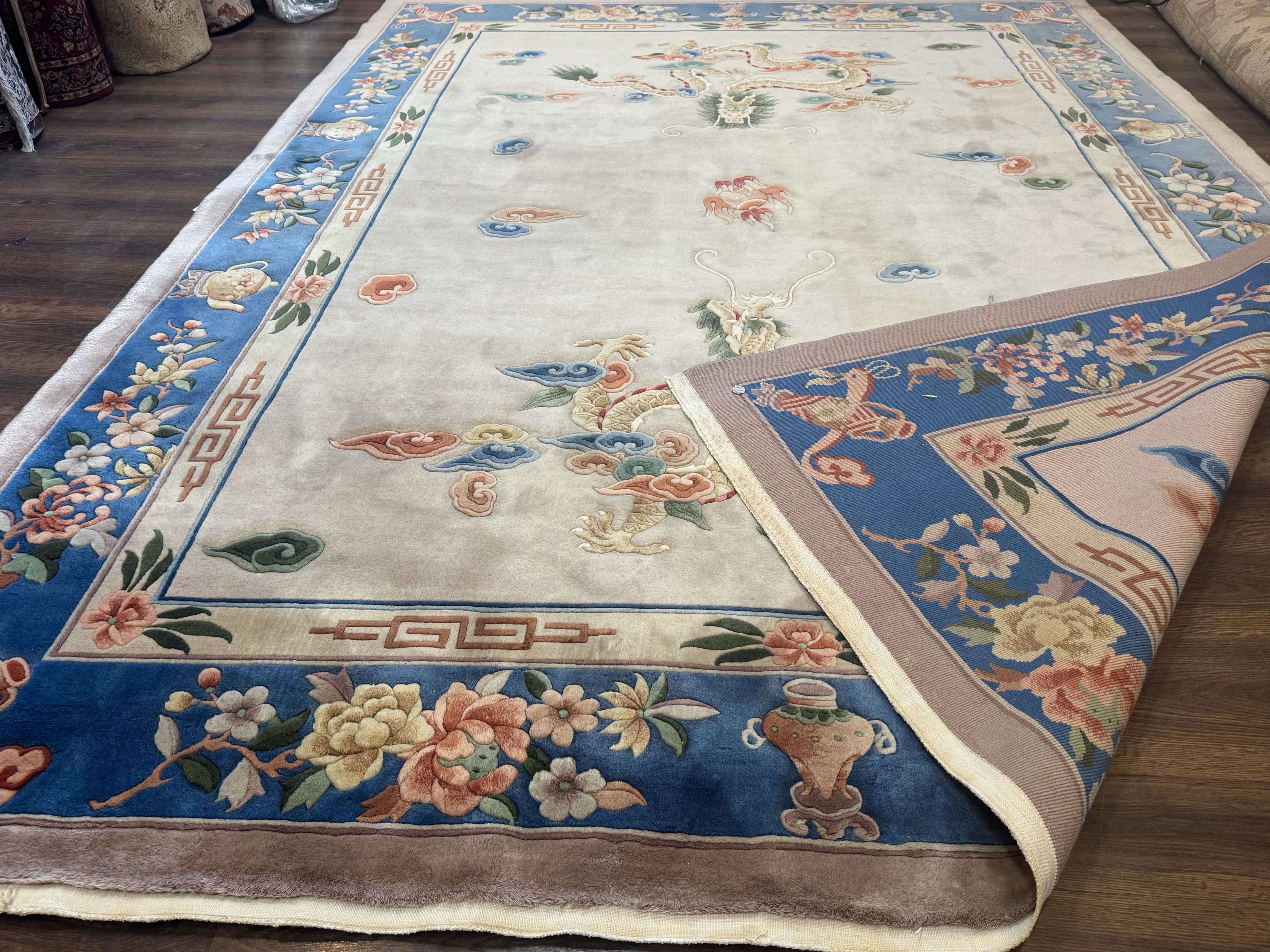 Chinese Wool Rug 9x12 with Dragons, Vintage Chinese 90 Line Carpet - Jewel Rugs