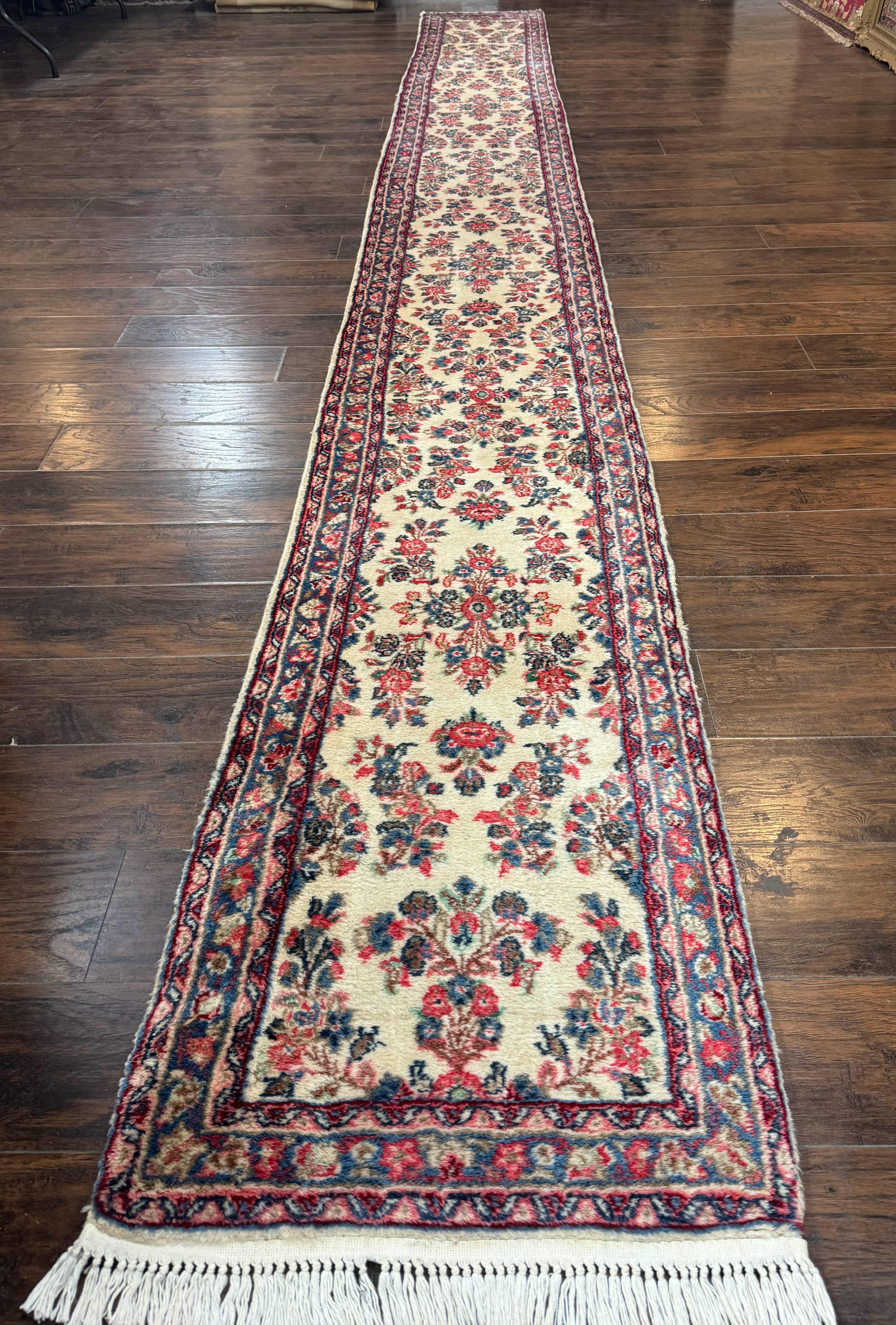 Persian Sarouk Runner Rug 2.4 x 21, Handmade Wool Floral Runner Rug for Hallway, 21ft Runner, Ivory - Jewel Rugs