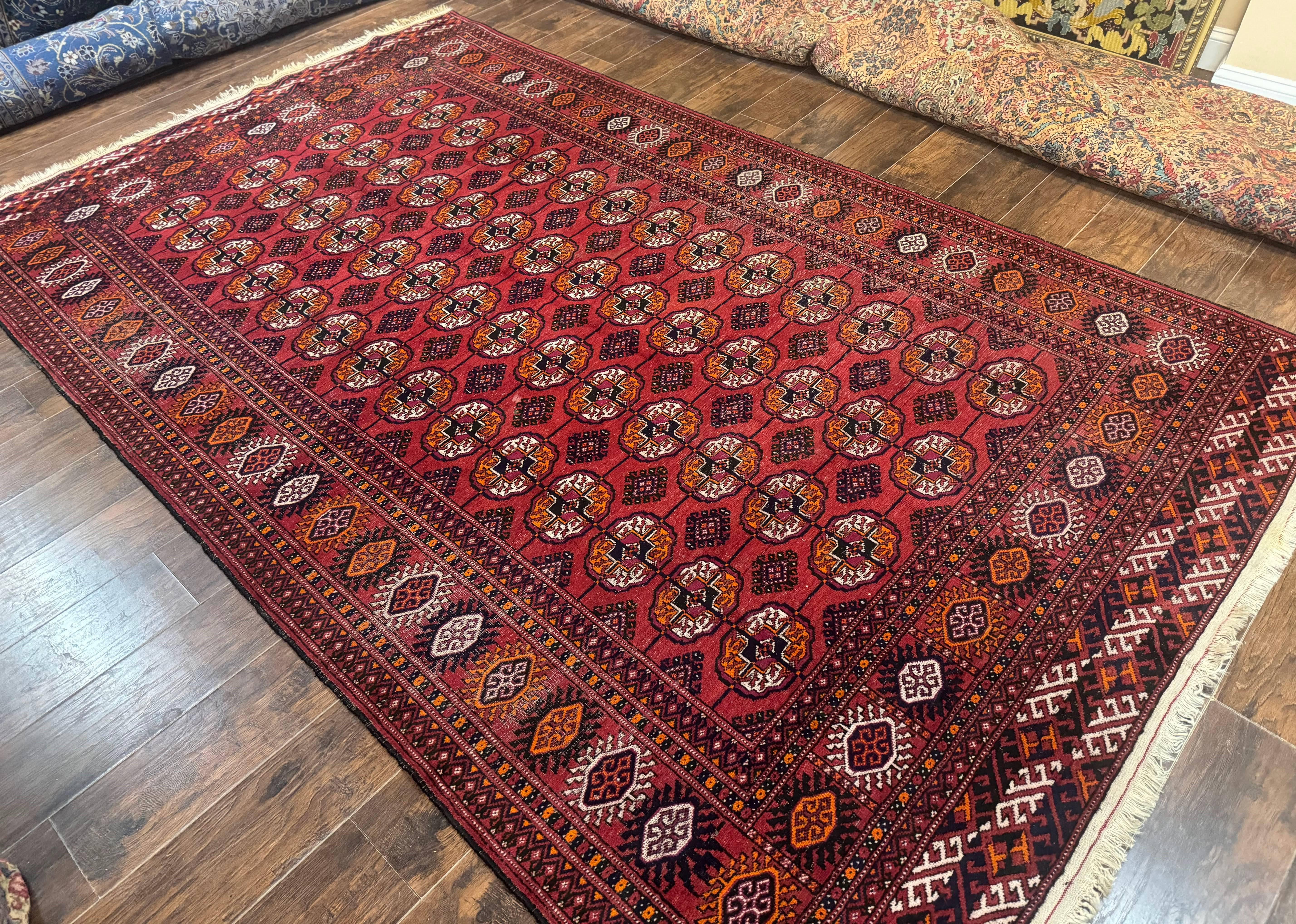 Antique Persian Turkoman Bokhara Rug 7x11, Tribal Rug, Red - Jewel Rugs