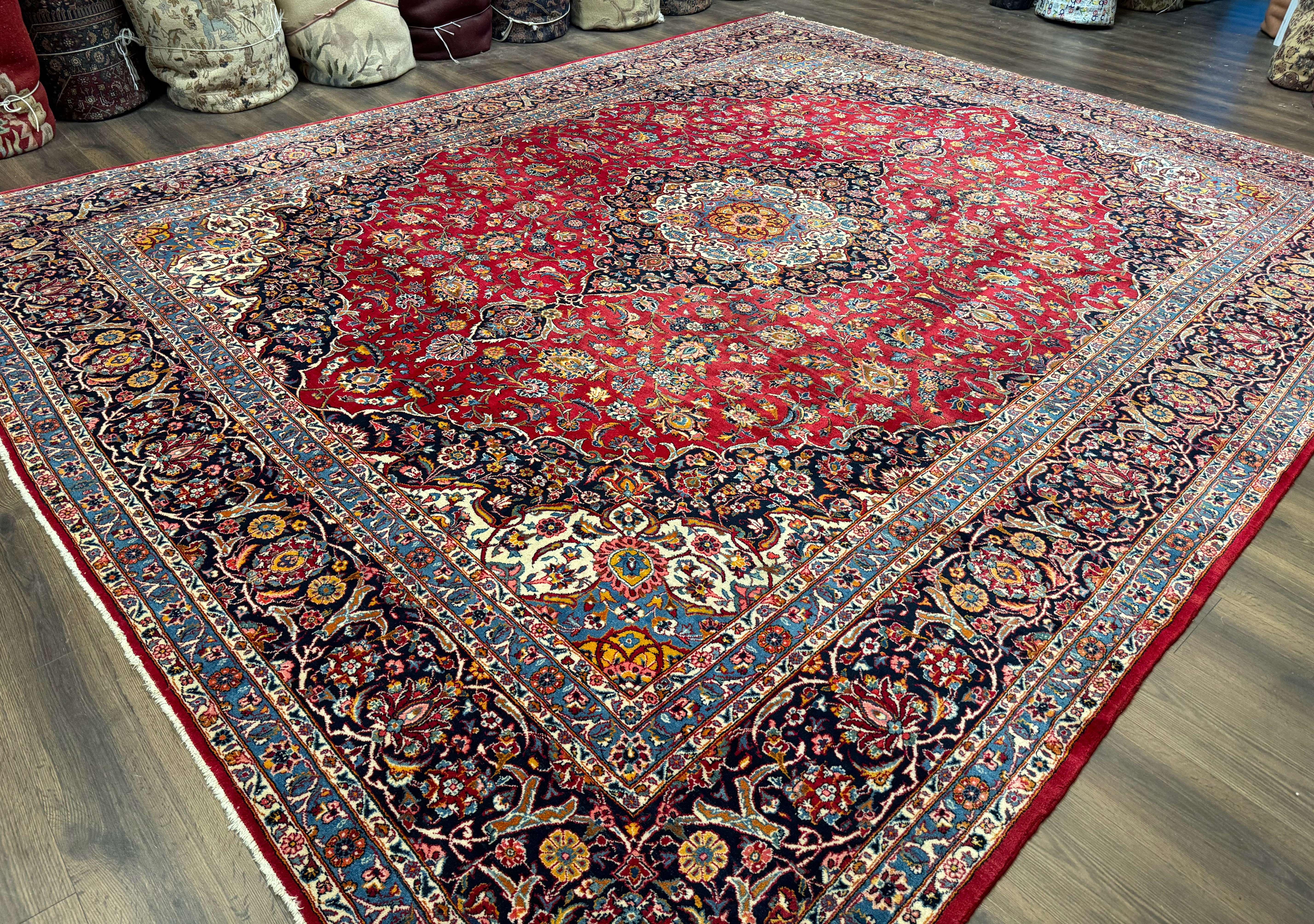 Large Persian Kashan Rug 11x14, Traditional Persian Carpet, Wool, Fine 250 KPSI, Red Navy Blue - Jewel Rugs