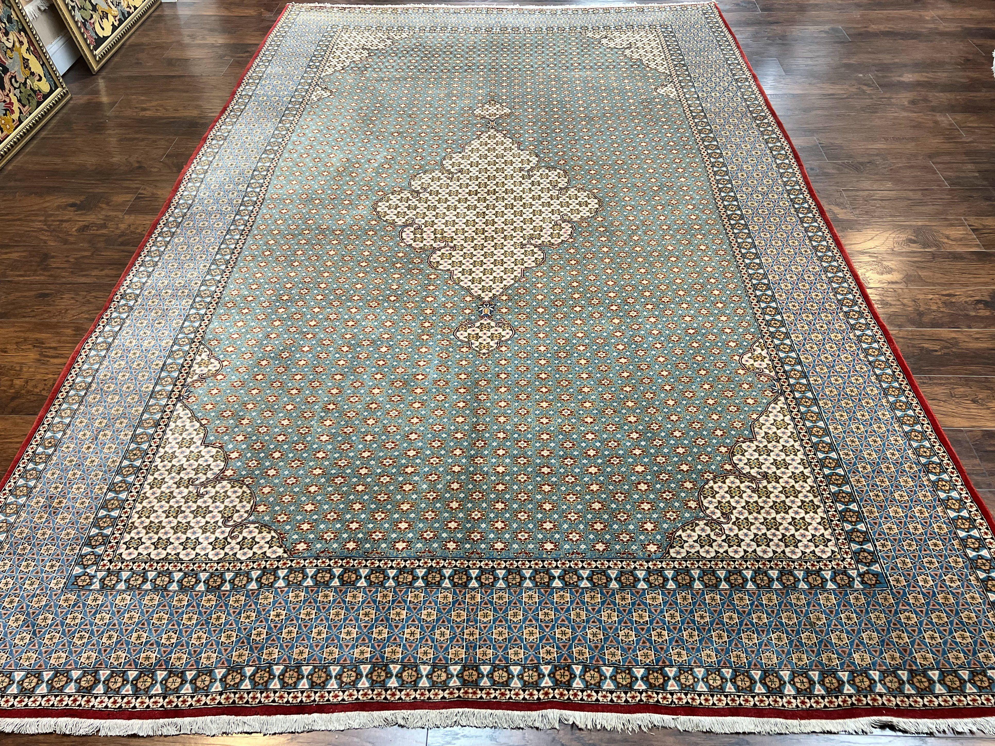 Rare Persian Rug 8x12, Qum Rug, Repeated Star Motifs, Blue and Ivory, Fine 300 KPSI, Hand Knotted Handmade Vintage Wool Rug - Jewel Rugs