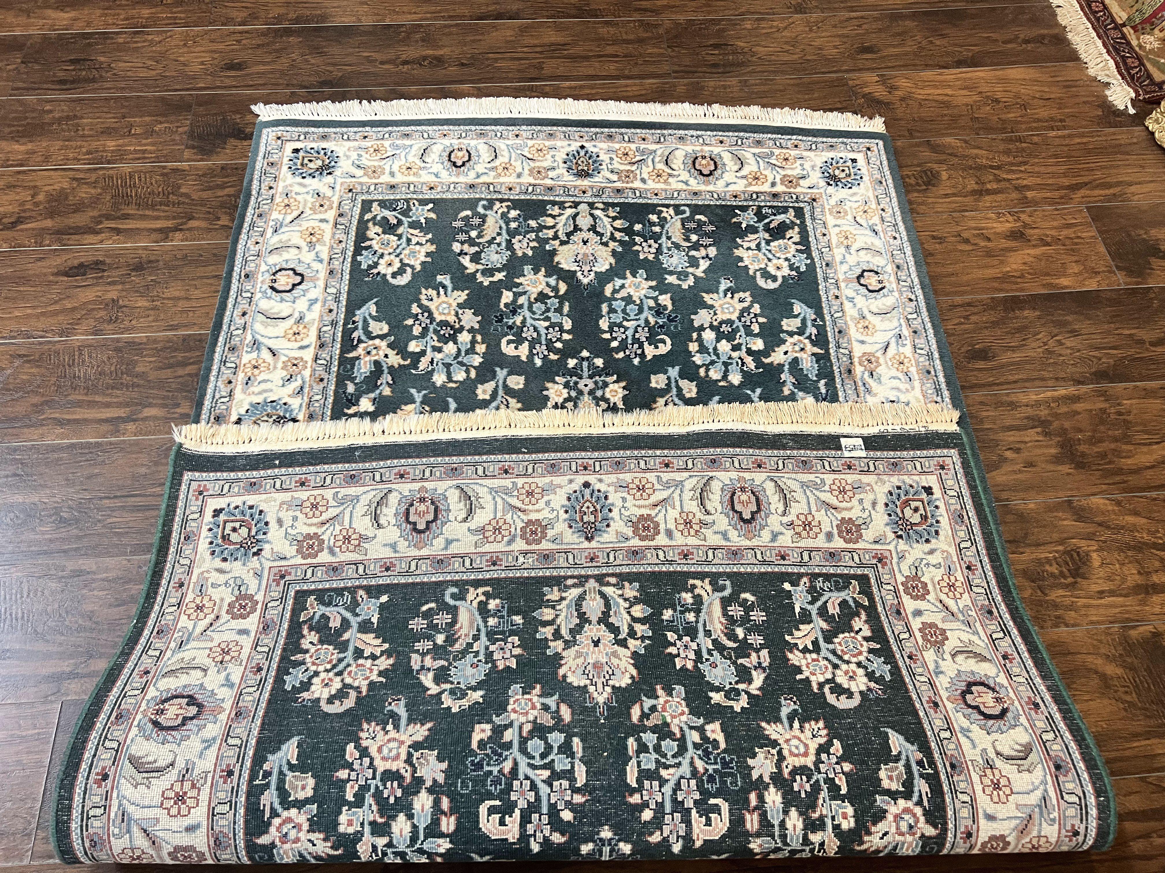 Green Indo Persian Rug 4x6, Floral Allover, Handmade Vintage Oriental Carpet, Sarouk Rug, Wool - Jewel Rugs
