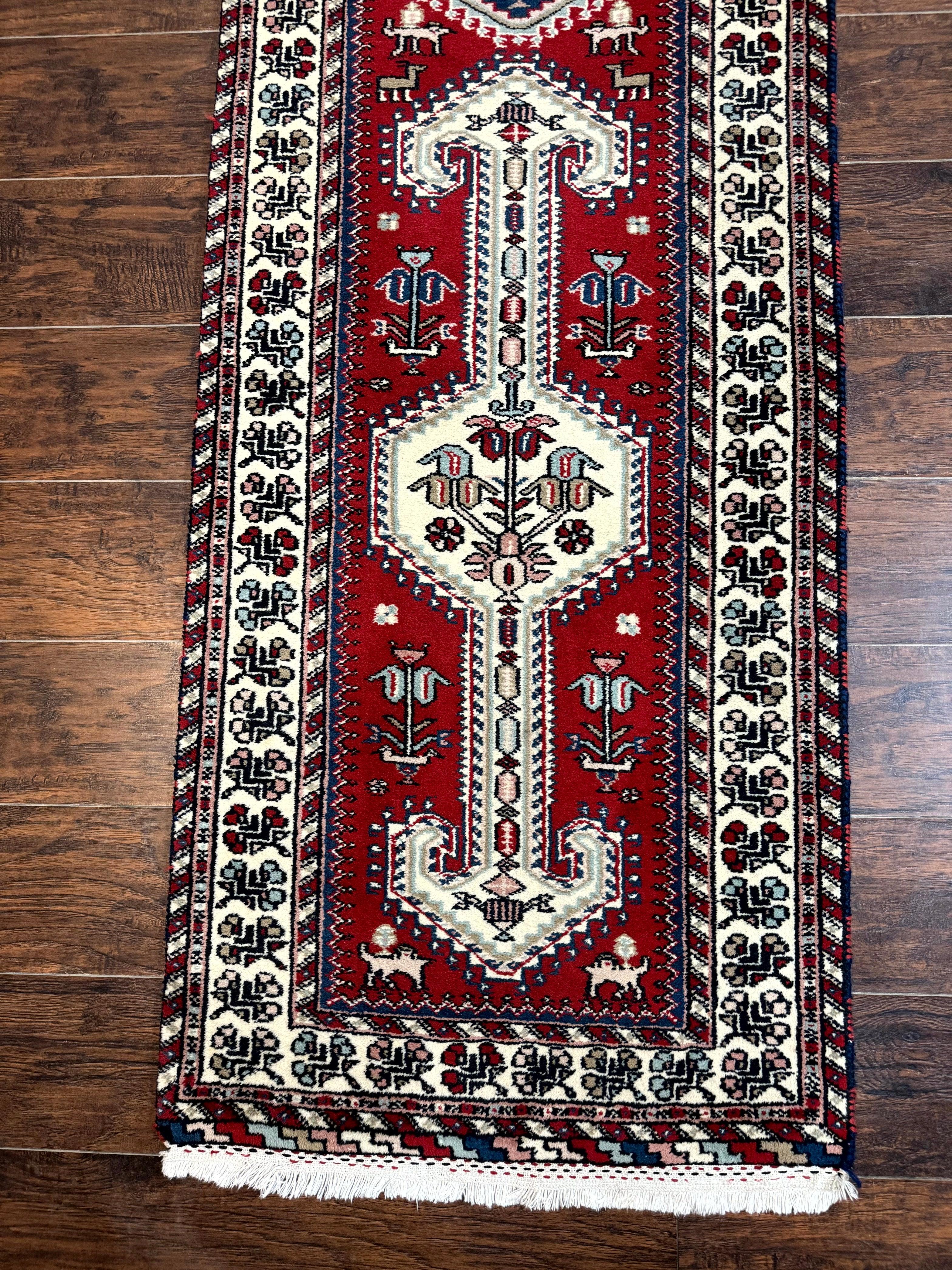 Indo Persian Runner Rug 2.6 x 12, Heriz Geometric Caucasian Design, Animal Pictorials, Tribal Runner Rug, Vintage Handmade Wool Red - Jewel Rugs