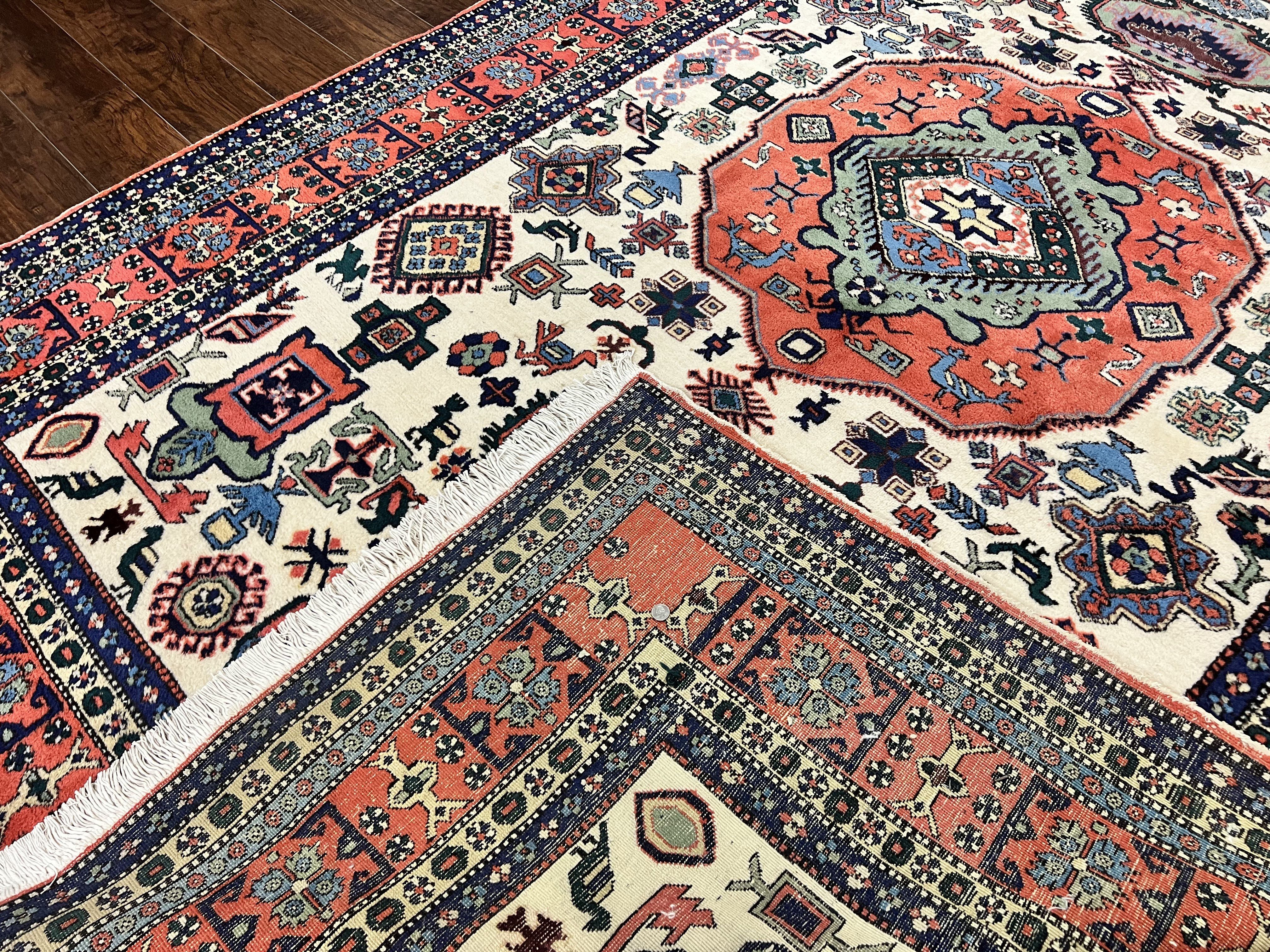 Persian Tribal Rug 8x11, Persian Ardabil Rug, Geometric Medallion Animal Pictorial Rug, Ivory Red Blue, Hand Knotted Vintage Wool Carpet - Jewel Rugs
