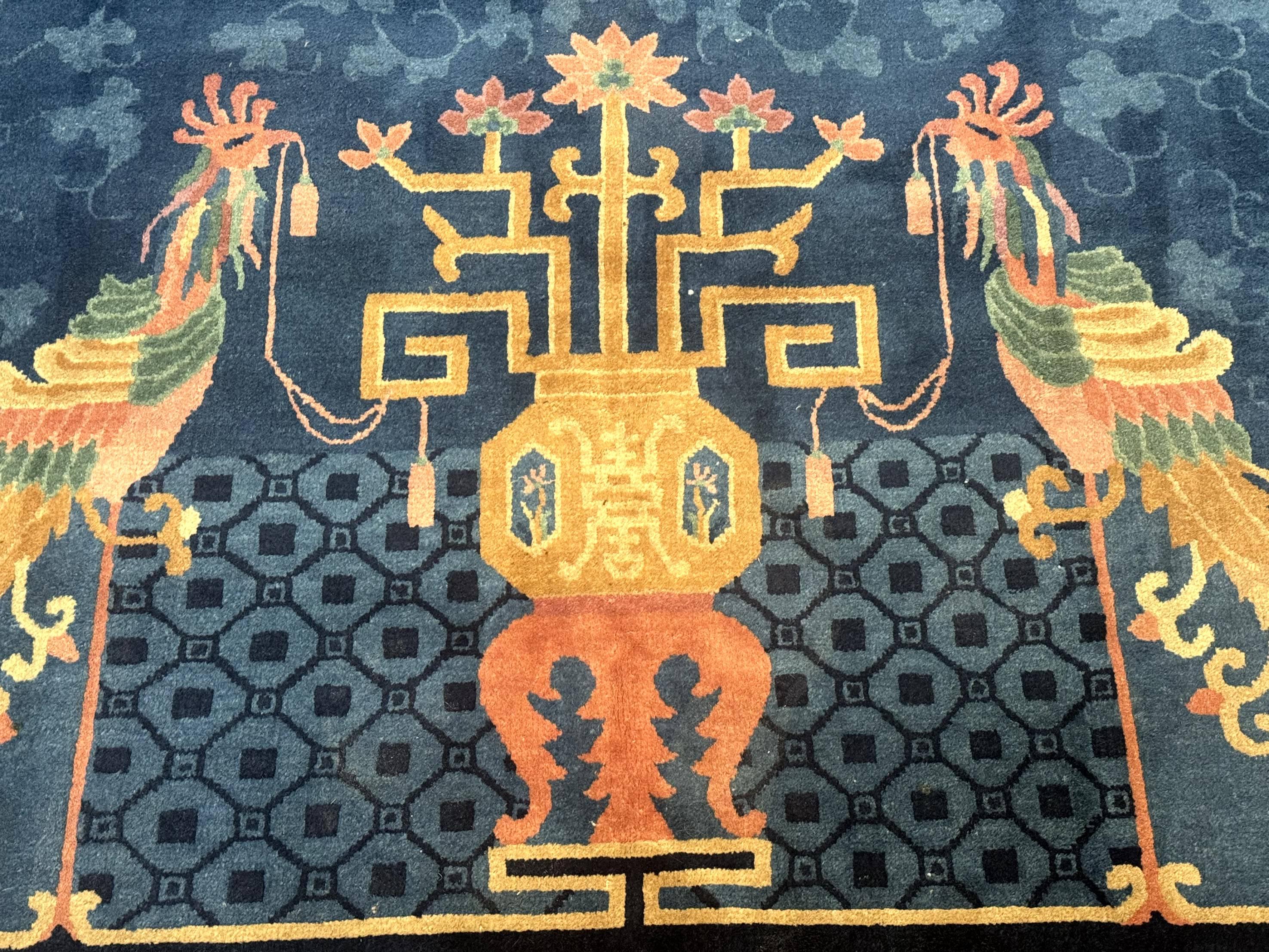 Blue Chinese Wool Rug 6x9, Chinese Peking Rug, Peacocks and Vases, Vintage Carpet - Jewel Rugs
