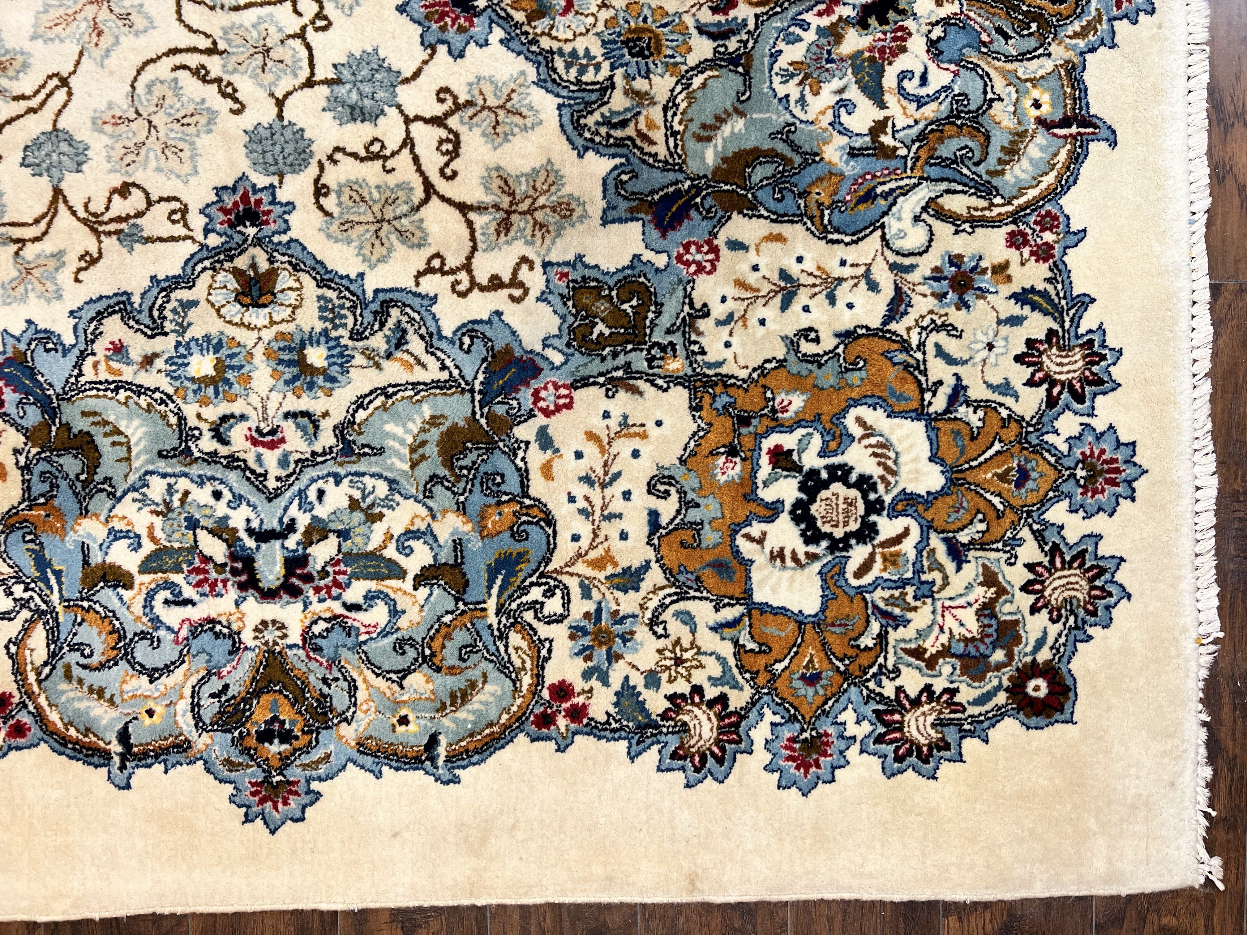 Palace Size Persian Kashan Rug 11x19 ft, Handmade Hand Knotted Oversized Extra Large Wool Semi Antique Oriental Carpet, Ivory and Light Blue Floral - Jewel Rugs