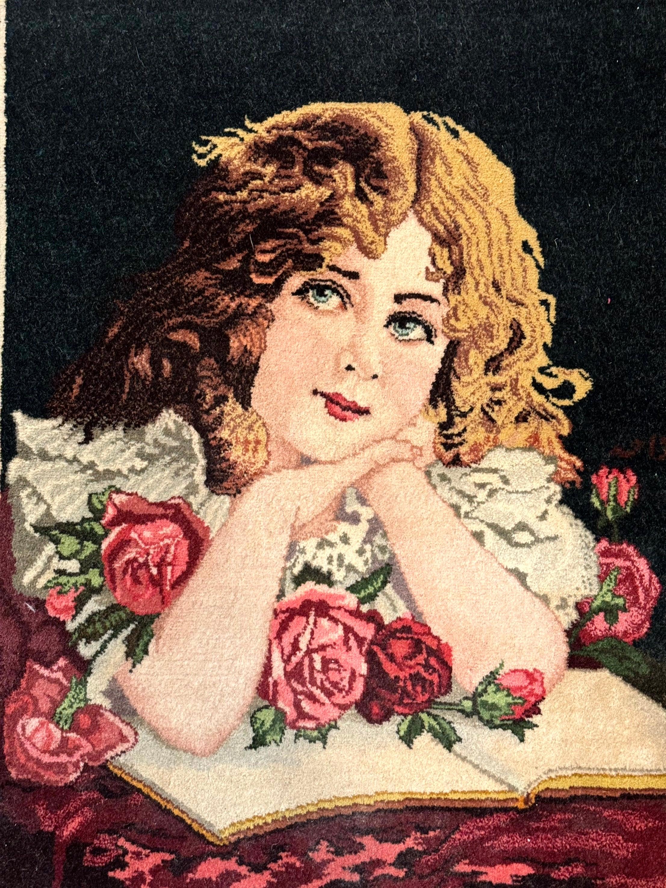 Small Persian Tabriz Pictorial Rug of Young Girl, Very Fine 380 KPSI, Portrait of Young Lady with Roses, Handmade, Persian Rug for Wall Hanging - Jewel Rugs