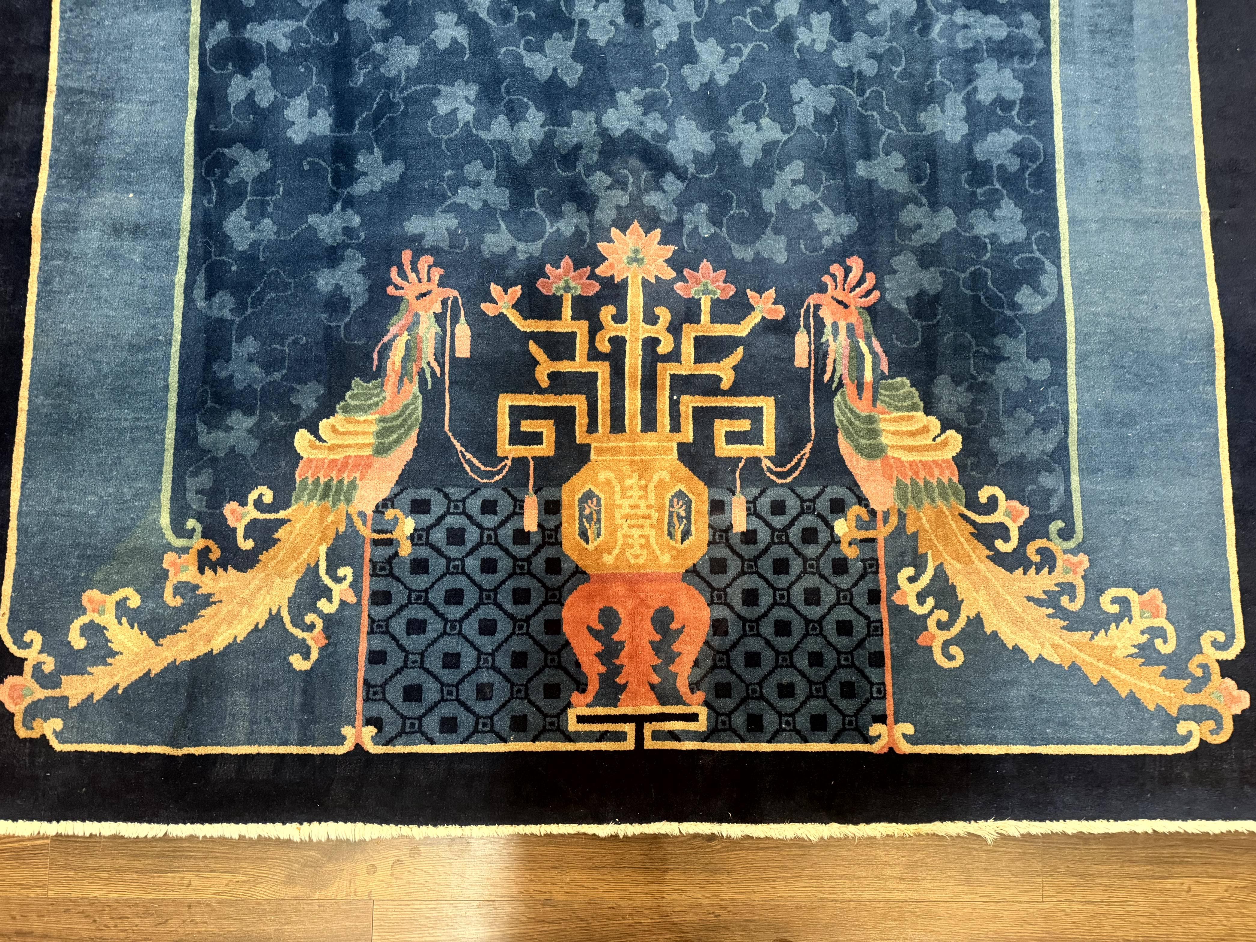 Blue Chinese Wool Rug 6x9, Chinese Peking Rug, Peacocks and Vases, Vintage Carpet - Jewel Rugs