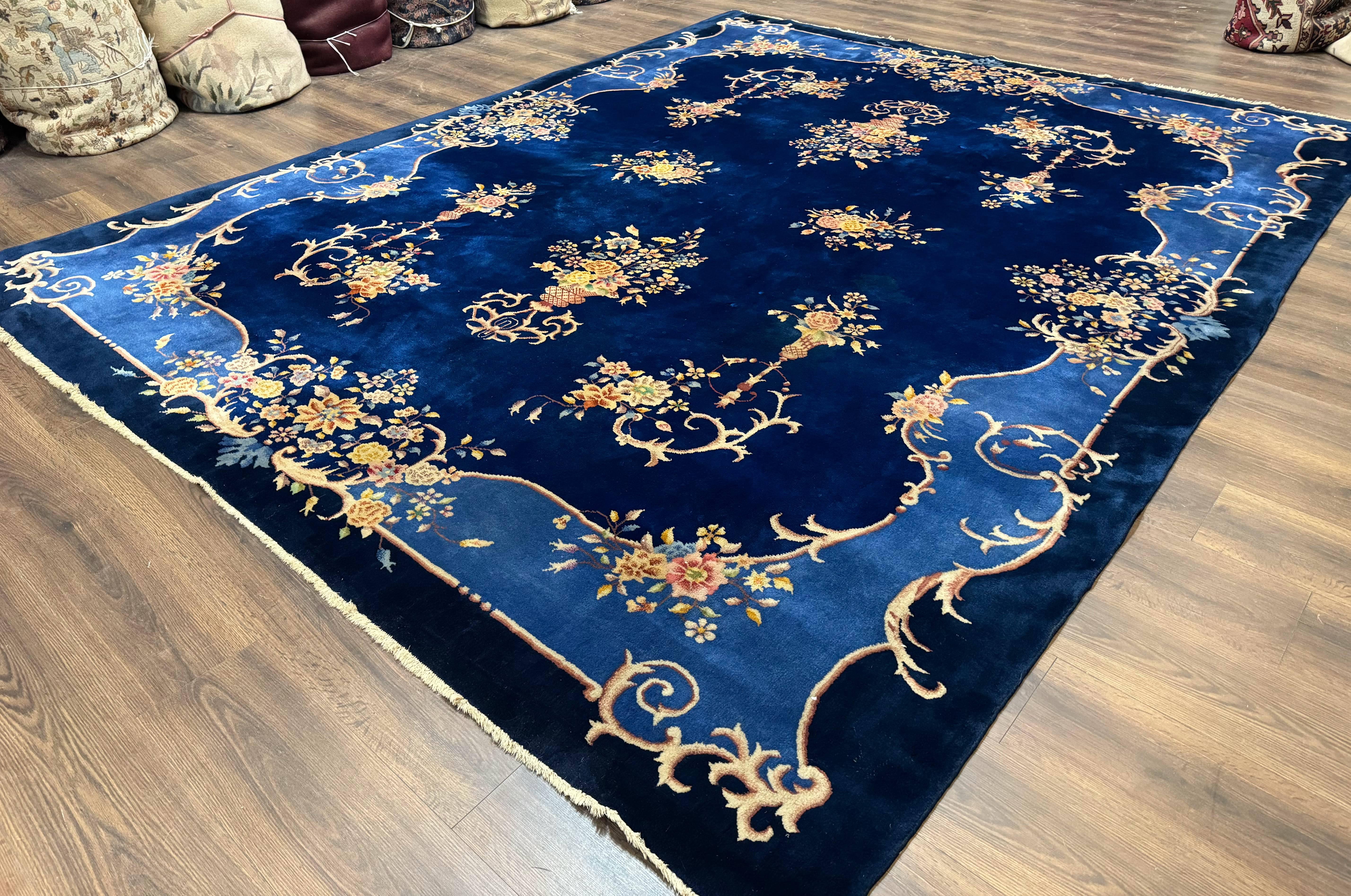 Blue Chinese Art Deco Rug 9x12, Vintage Antique Chinese Wool Rug, Chinese Fette Rug - Jewel Rugs